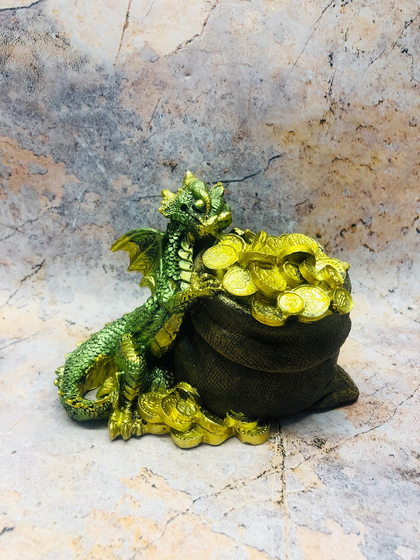 Whimsical Green Dragon with Bag of Gold Fantasy Figurine Dragons Collection Hand Made from Quality Designer Resin-Osiris Craftworks