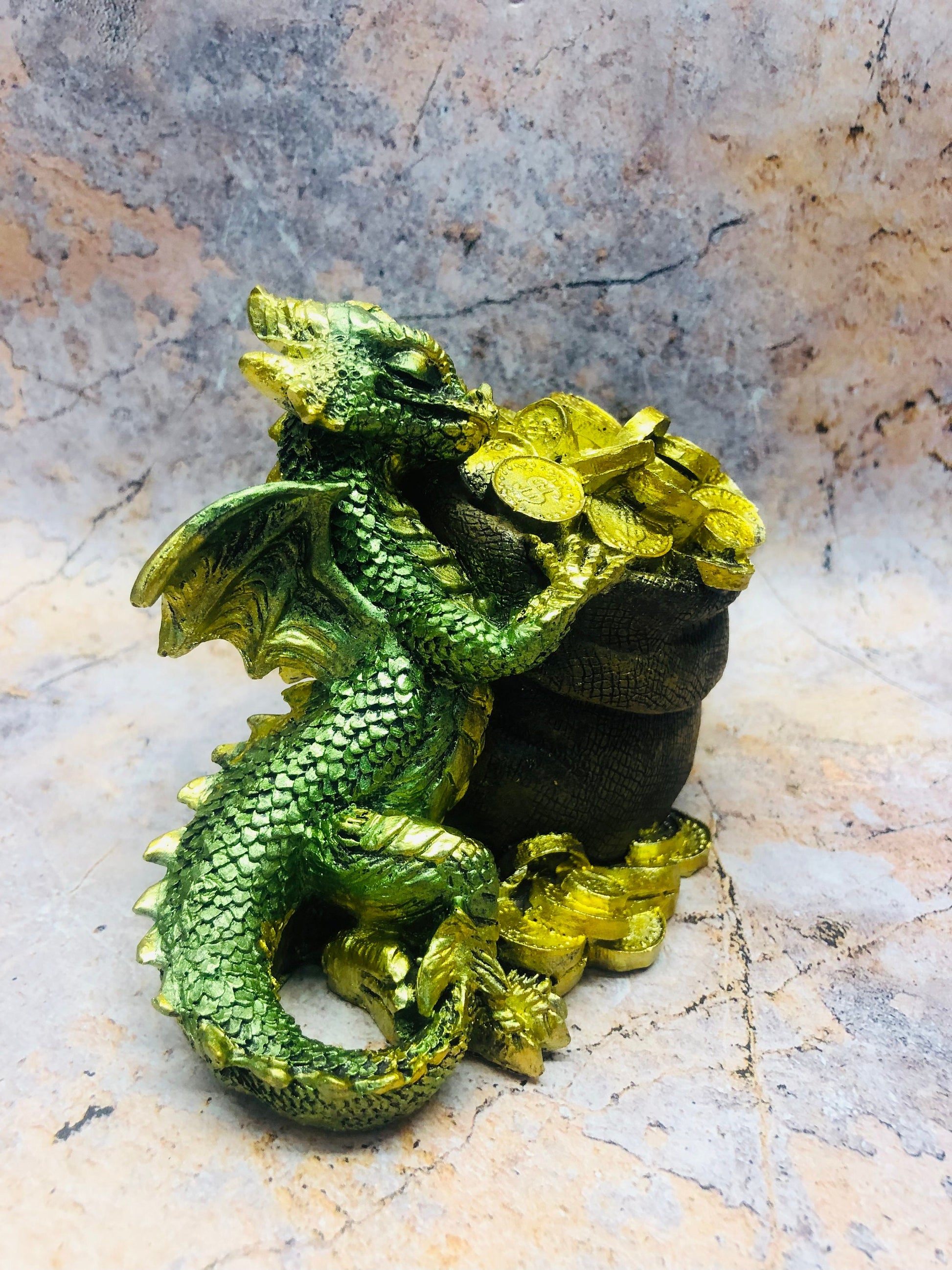 Whimsical Green Dragon with Bag of Gold Fantasy Figurine Dragons Collection Hand Made from Quality Designer Resin-Osiris Craftworks