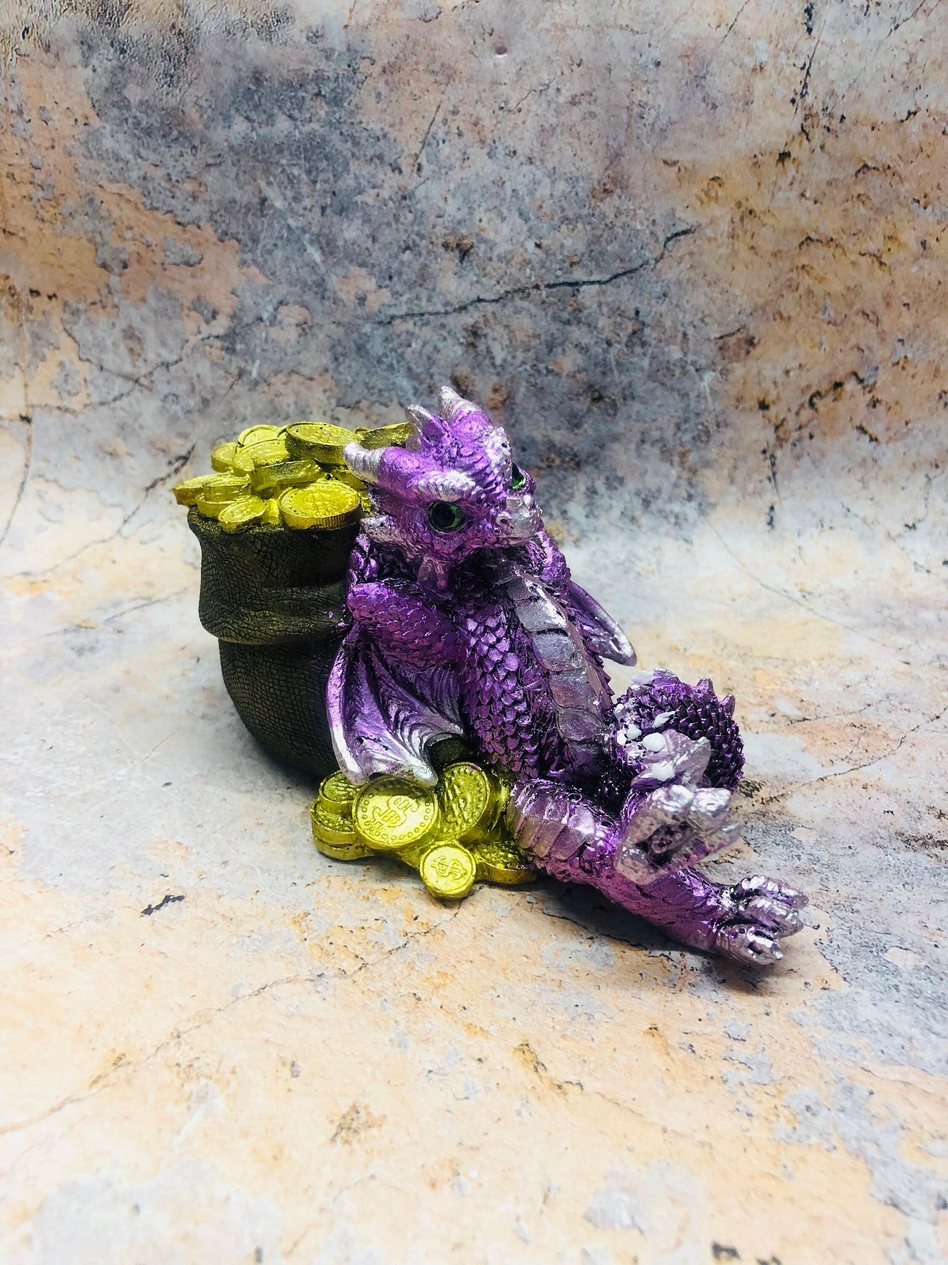 Whimsical Purple Dragon with Bag of Gold Fantasy Figurine Dragons Collection Hand Made from Quality Designer Resin-Osiris Craftworks