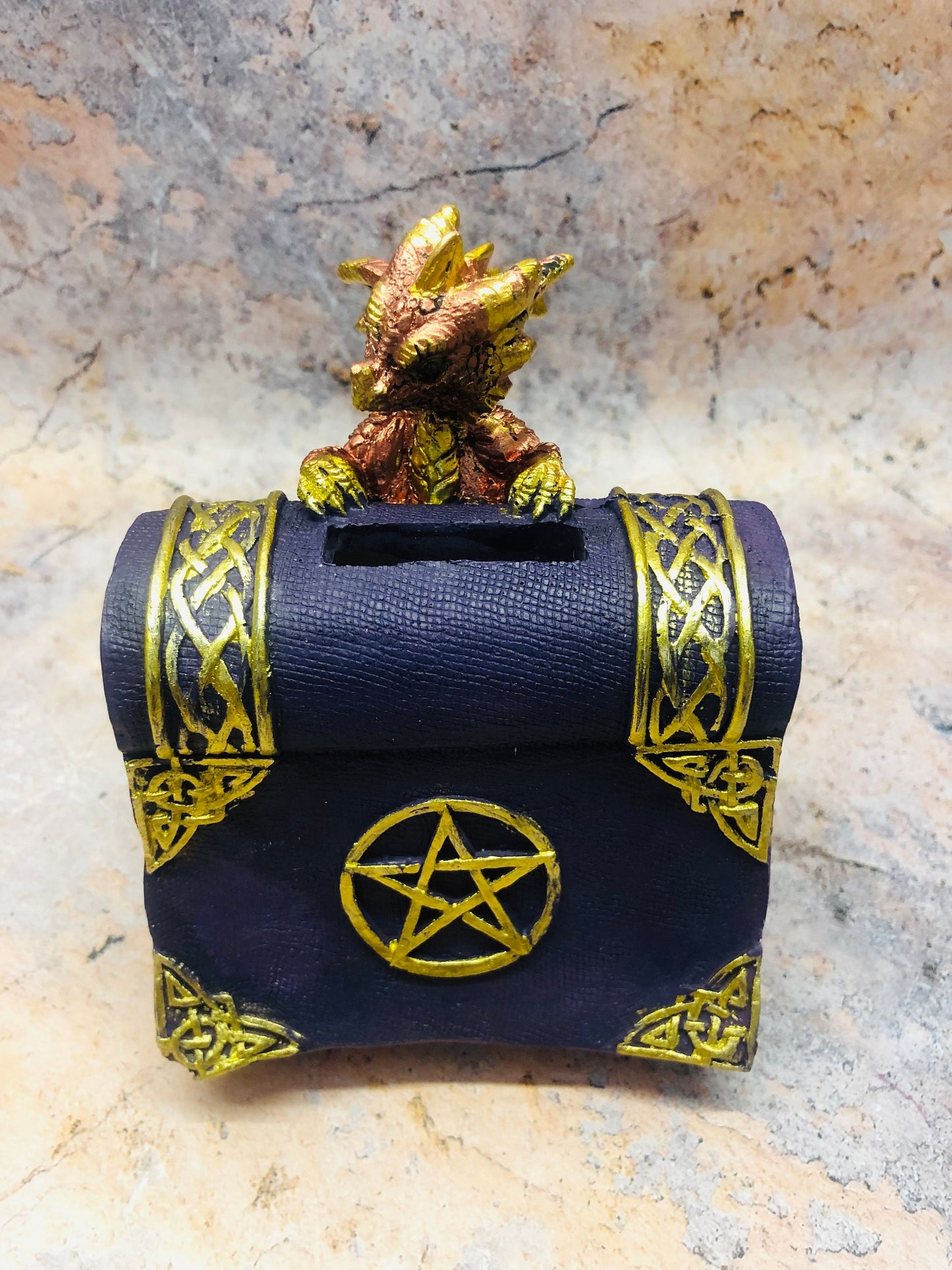 Whimsical Red Dragon with Pentagram Book of Shadows Money Bank Fantasy Saving Box