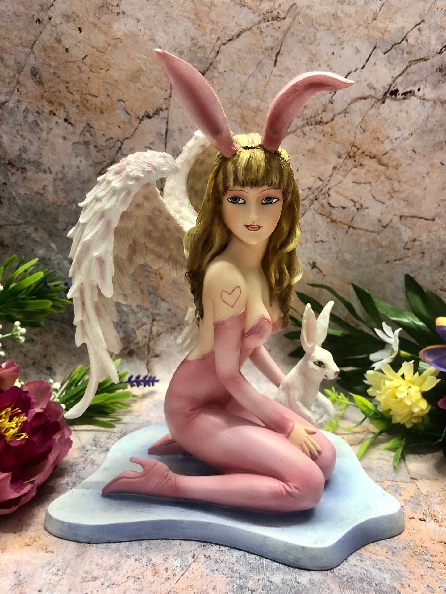 Angel and Rabbit Companion Figurine Fantasy Fairies Mythical Figure Easter Themed Sculpture Hand Made from Quality Designer Resin-Osiris Craftworks