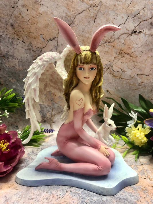 Angel and Rabbit Companion Figurine Fantasy Fairies Mythical Figure Easter Themed Sculpture Hand Made from Quality Designer Resin-Osiris Craftworks