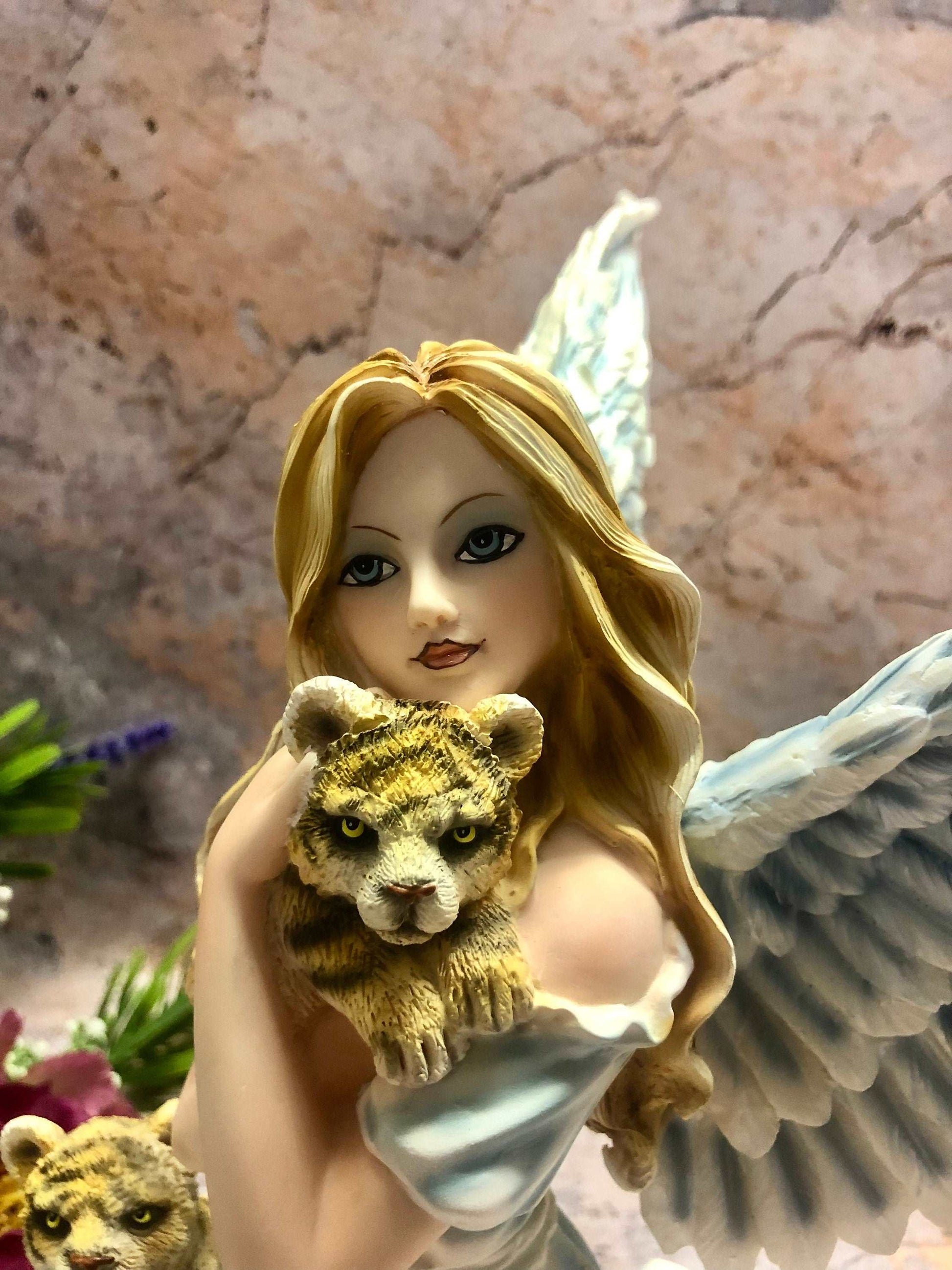 Angel and Tiger Companion Figurine Fantasy Fairies Figure Mythical Sculpture Hand Made from Quality Designer Resin-Osiris Craftworks