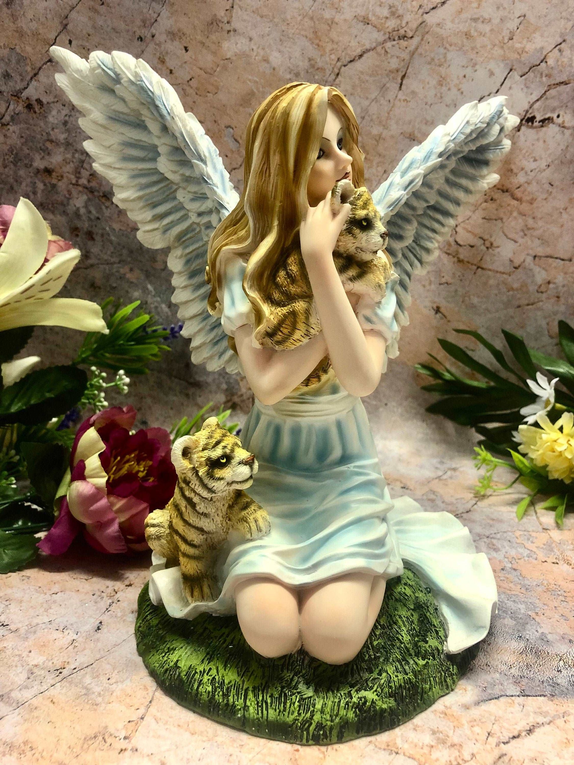 Angel and Tiger Companion Figurine Fantasy Fairies Figure Mythical Sculpture Hand Made from Quality Designer Resin-Osiris Craftworks