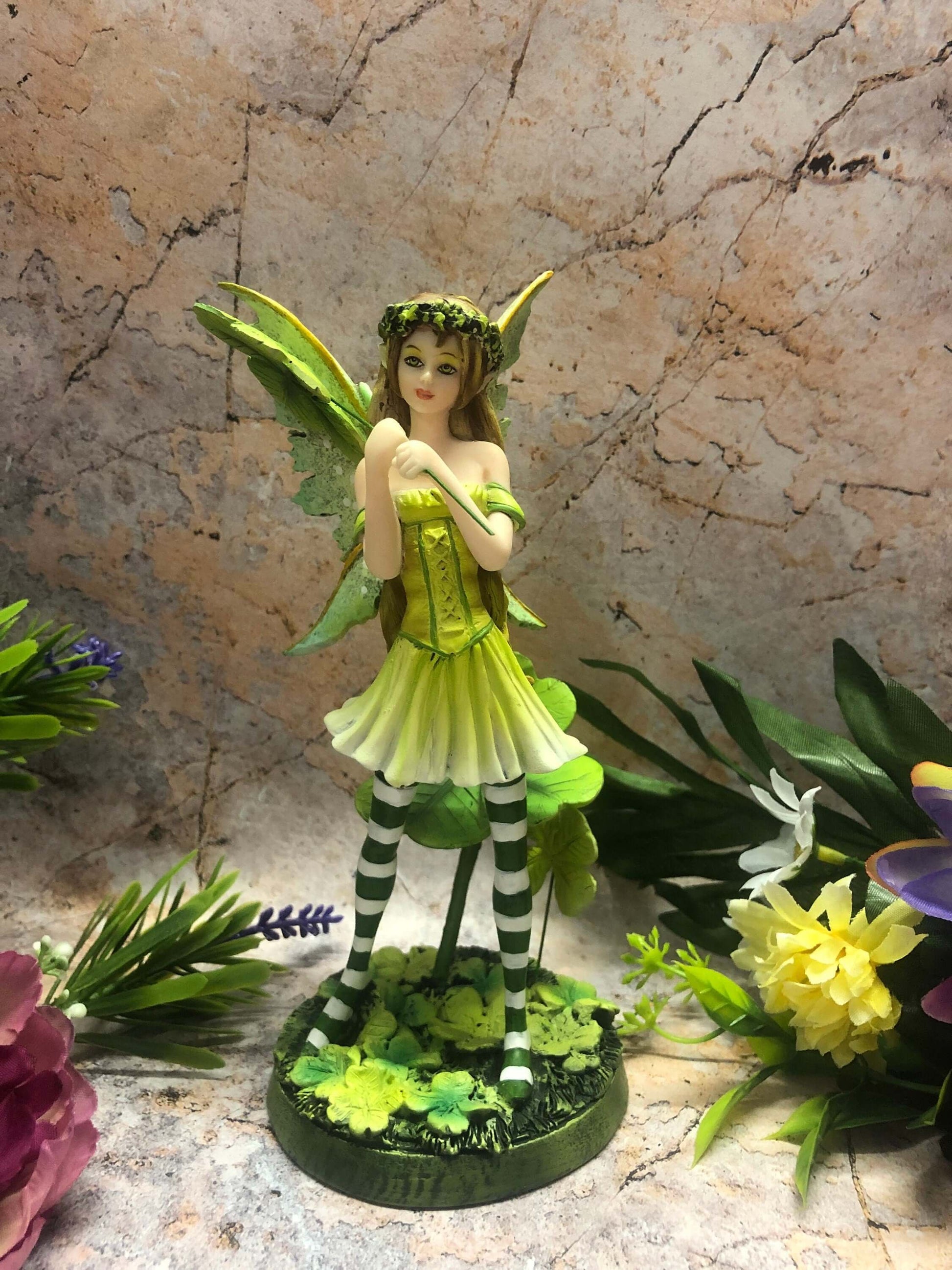 Charming Clover Fairy Figurine, Lucky Charm Striped Elf Statue, Whimsical Decor, St. Patrick's Day Collectible, Fantasy Forest Sprite-Osiris Craftworks