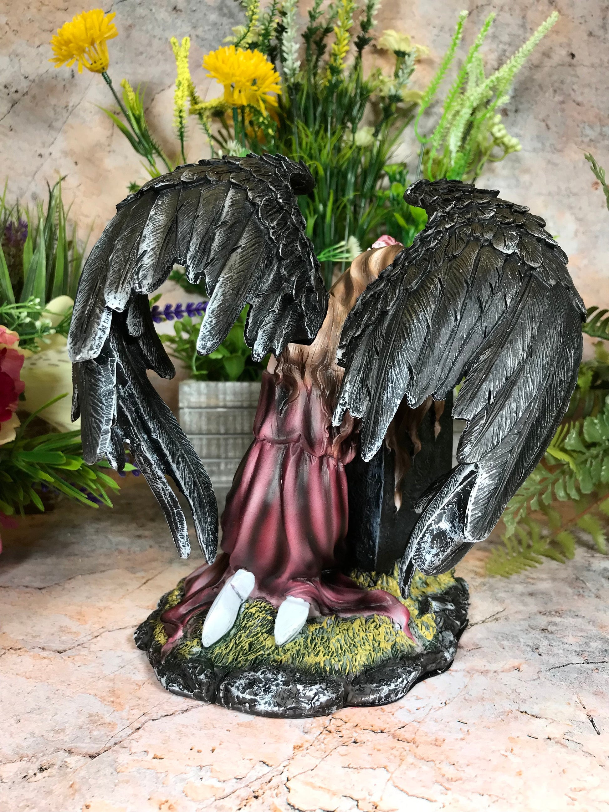 Gothic Angel Resin Statue, Dark Winged Mourning Angel with Roses, Elegantly Memorial Figurine, Poignant Angel Sculpture, Serene Gothic Decor-Osiris Craftworks