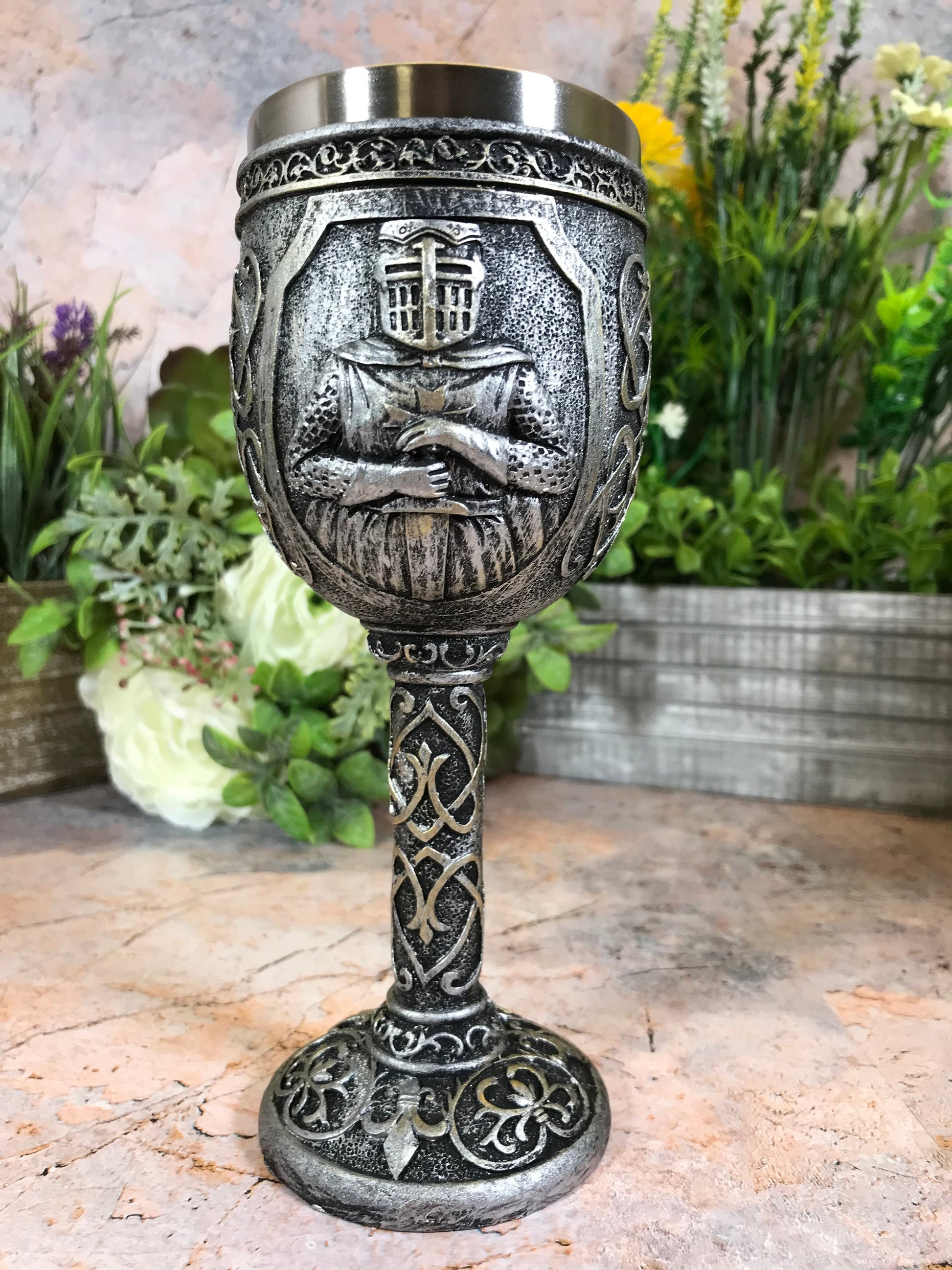 Templar Knight Silver Goblet, Medieval Crusader Chalice, Gothic Home Decor, Ornate Drinking Vessel Historical Collectible Majestic Tableware-Osiris Craftworks