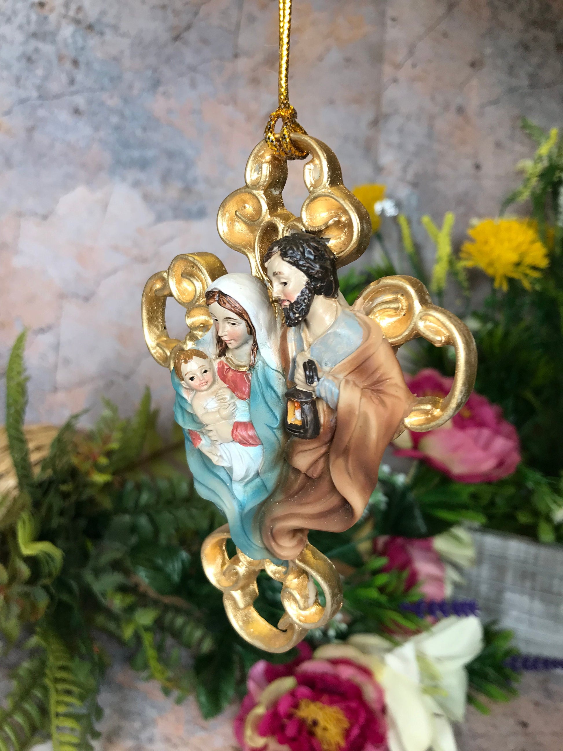 Holy Family Wall Cross Divine Hanging Decor, Mary Joseph Jesus Gold Effect Religious Ornament, Christian Artwork, Spiritual Home Blessing-Osiris Craftworks