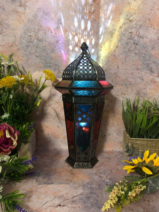 Large Antique Effect Multicoloured Moroccan Style Lantern Candle Tealight Holder Seasonal Decor Home Lighting Ornament