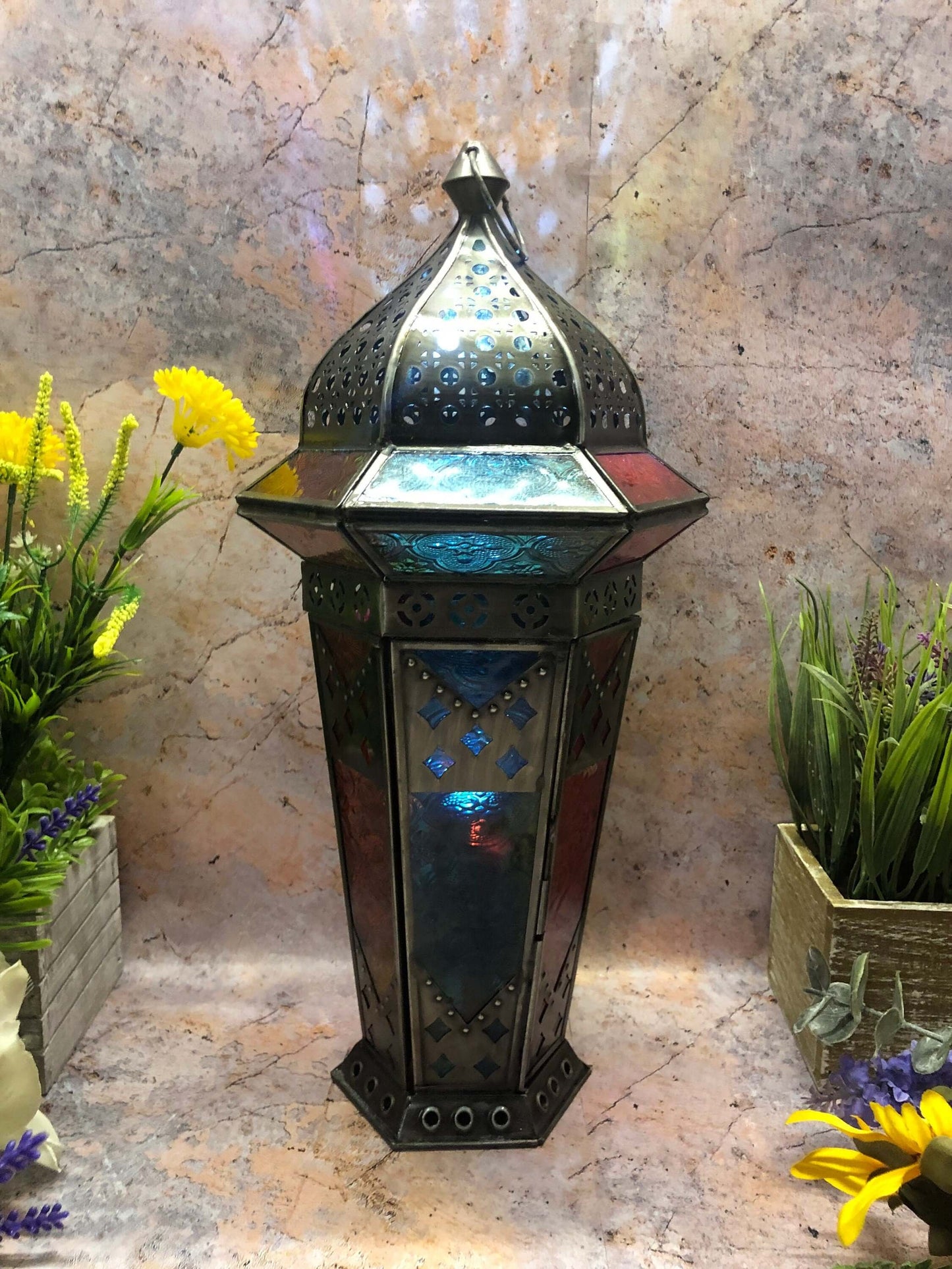 Large Antique Effect Multicoloured Moroccan Style Lantern Candle Tealight Holder Seasonal Decor Home Lighting Ornament