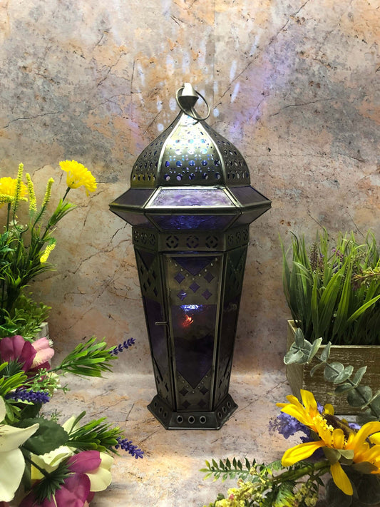 Antique Effect Purple Glass Moroccan Style Zinc Lantern Candle Tealight Holder Seasonal Decor Home Lighting Ornament