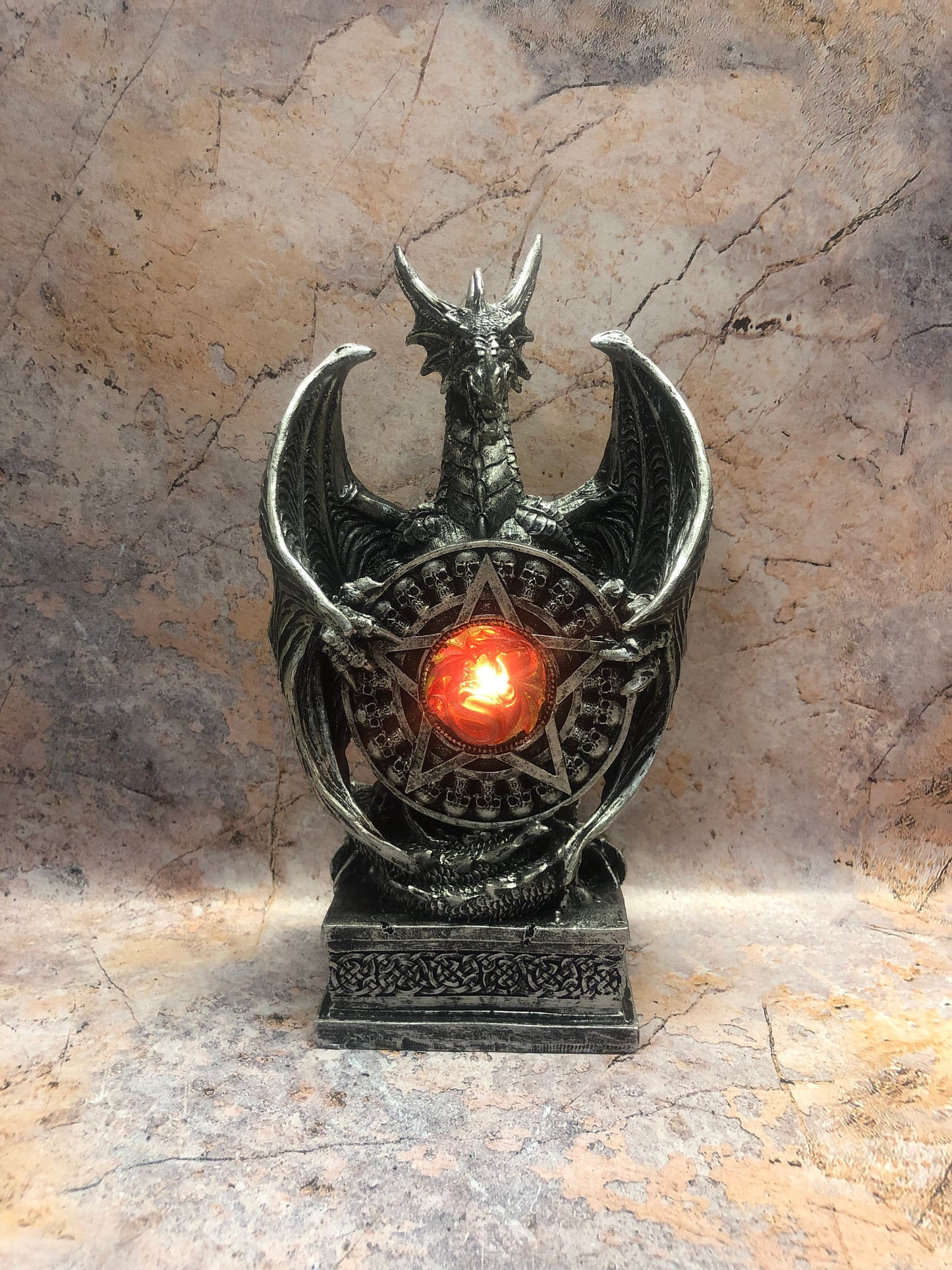 Novelty Silver Dragon Defender Holding Shield Led Light Figurine Fantasy Art Hand Made from Quality Designer Resin-Osiris Craftworks