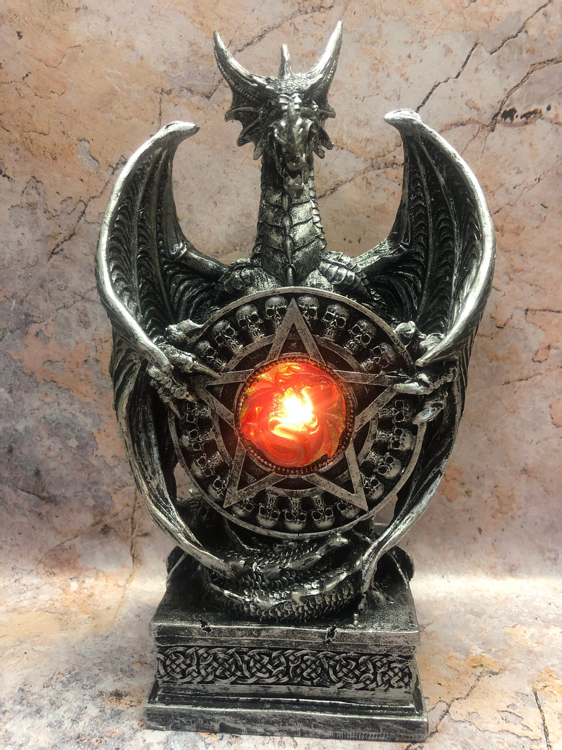 Novelty Silver Dragon Defender Holding Shield Led Light Figurine Fantasy Art Hand Made from Quality Designer Resin-Osiris Craftworks