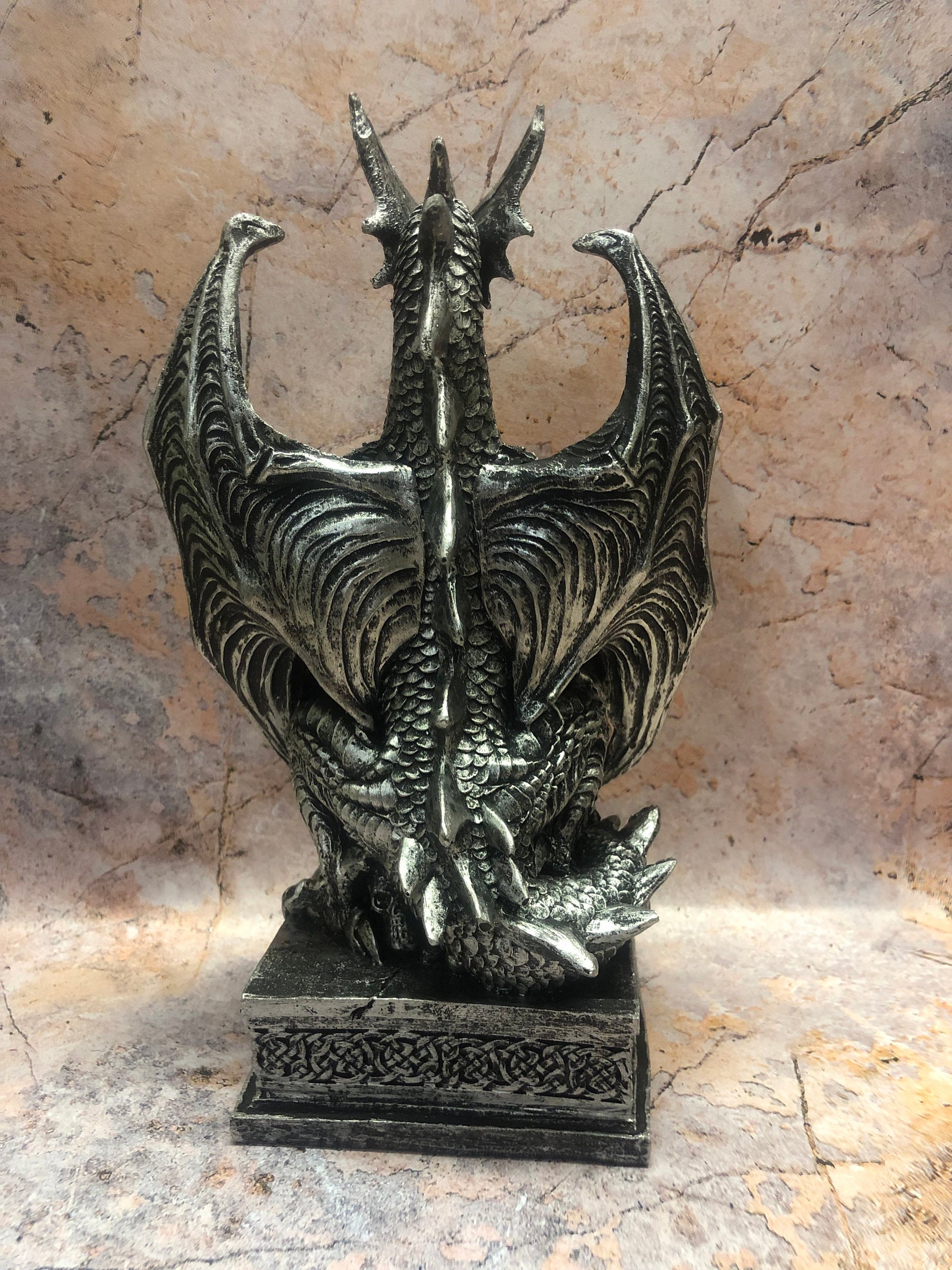 Novelty Silver Dragon Defender Holding Shield Led Light Figurine Fantasy Art Hand Made from Quality Designer Resin-Osiris Craftworks