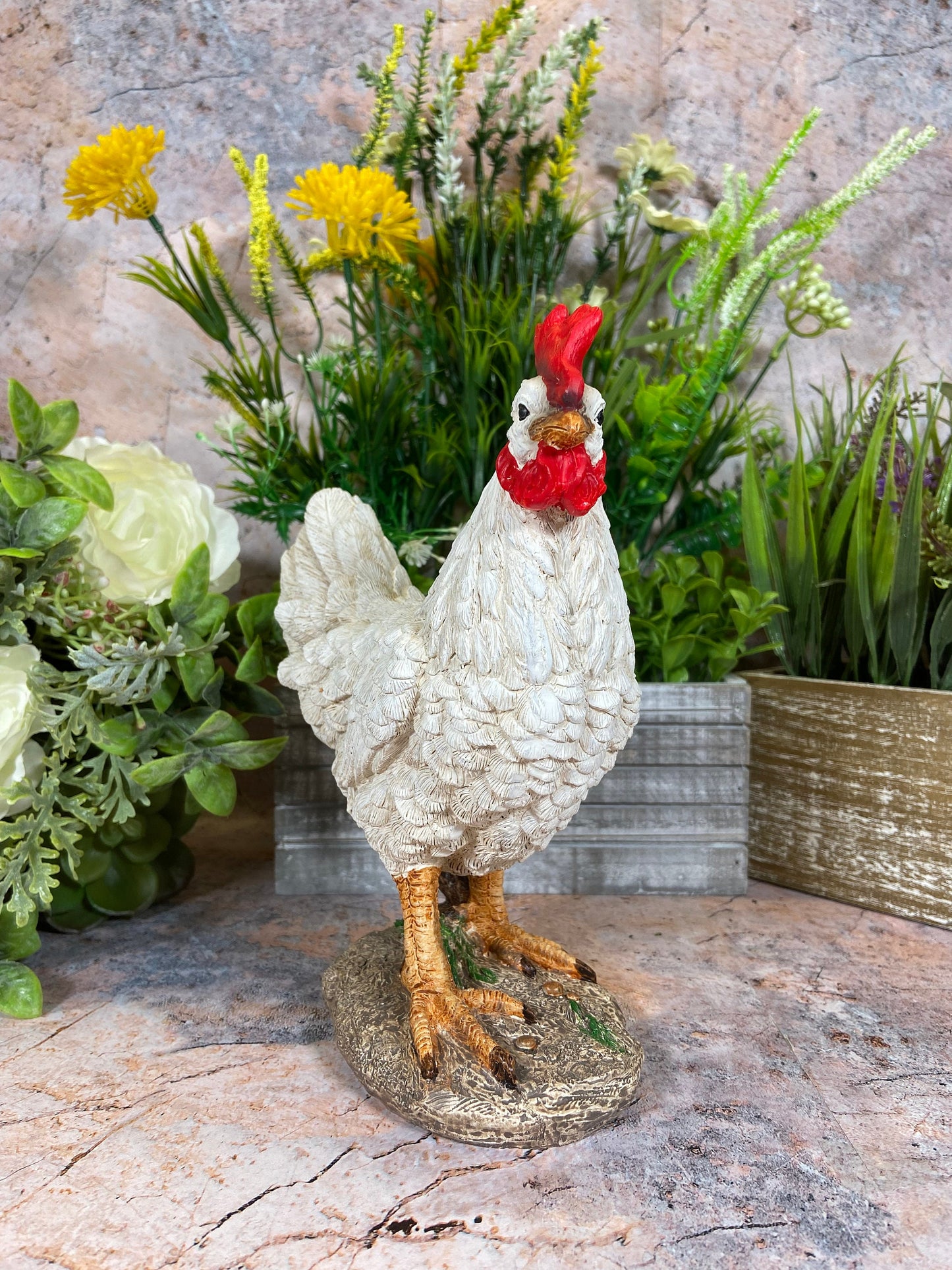 Rustic Farmhouse Chicken Statue, Hand-Painted Hen Figurine, Country Kitchen Decor, Barnyard Animal Collectible, Charming Garden Ornament-Osiris Craftworks