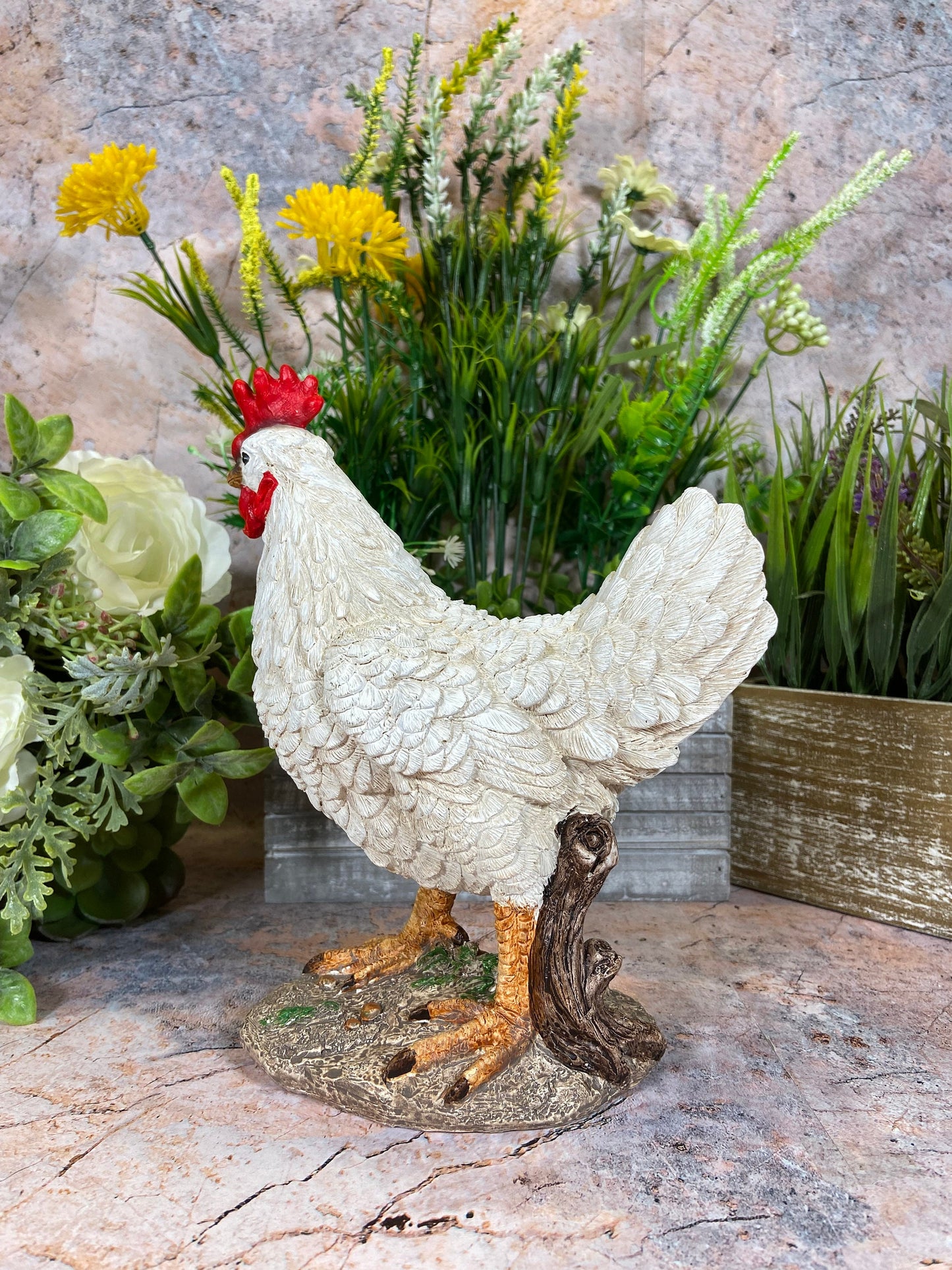 Rustic Farmhouse Chicken Statue, Hand-Painted Hen Figurine, Country Kitchen Decor, Barnyard Animal Collectible, Charming Garden Ornament-Osiris Craftworks