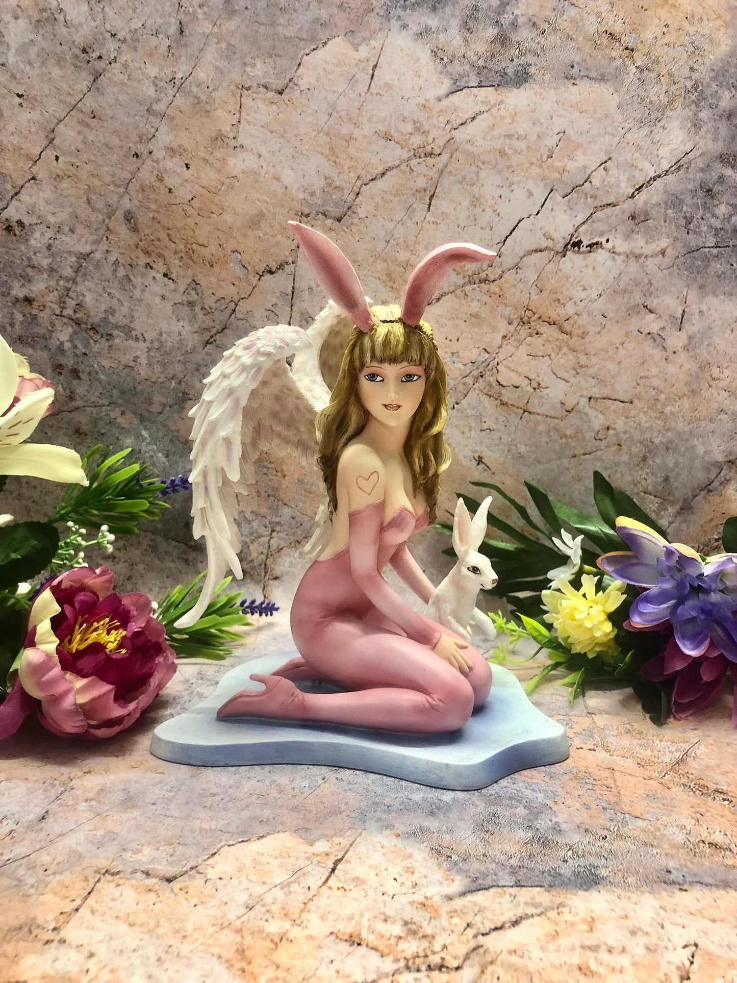 Angel and Rabbit Companion Figurine Fantasy Fairies Mythical Figure Easter Themed Sculpture Hand Made from Quality Designer Resin-Osiris Craftworks