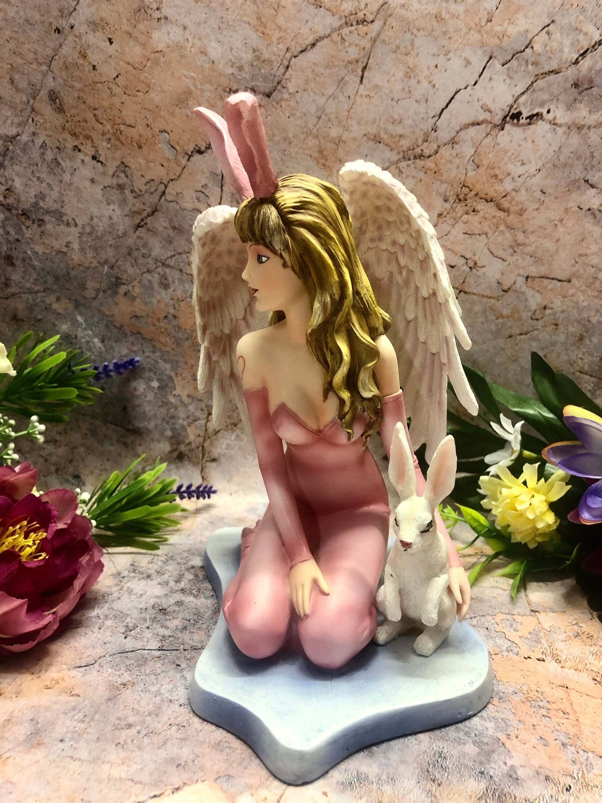 Angel and Rabbit Companion Figurine Fantasy Fairies Mythical Figure Easter Themed Sculpture Hand Made from Quality Designer Resin-Osiris Craftworks