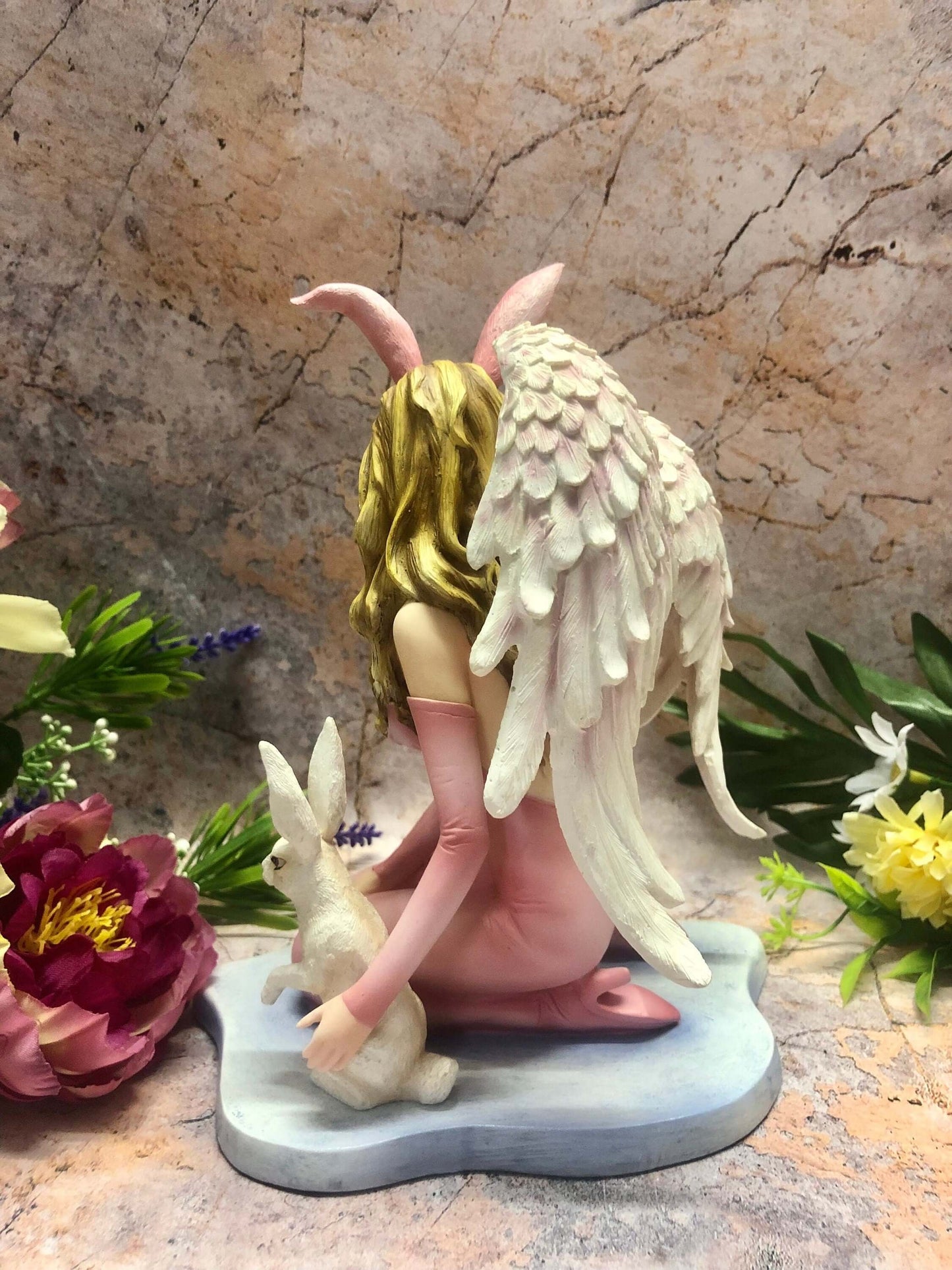 Angel and Rabbit Companion Figurine Fantasy Fairies Mythical Figure Easter Themed Sculpture Hand Made from Quality Designer Resin-Osiris Craftworks