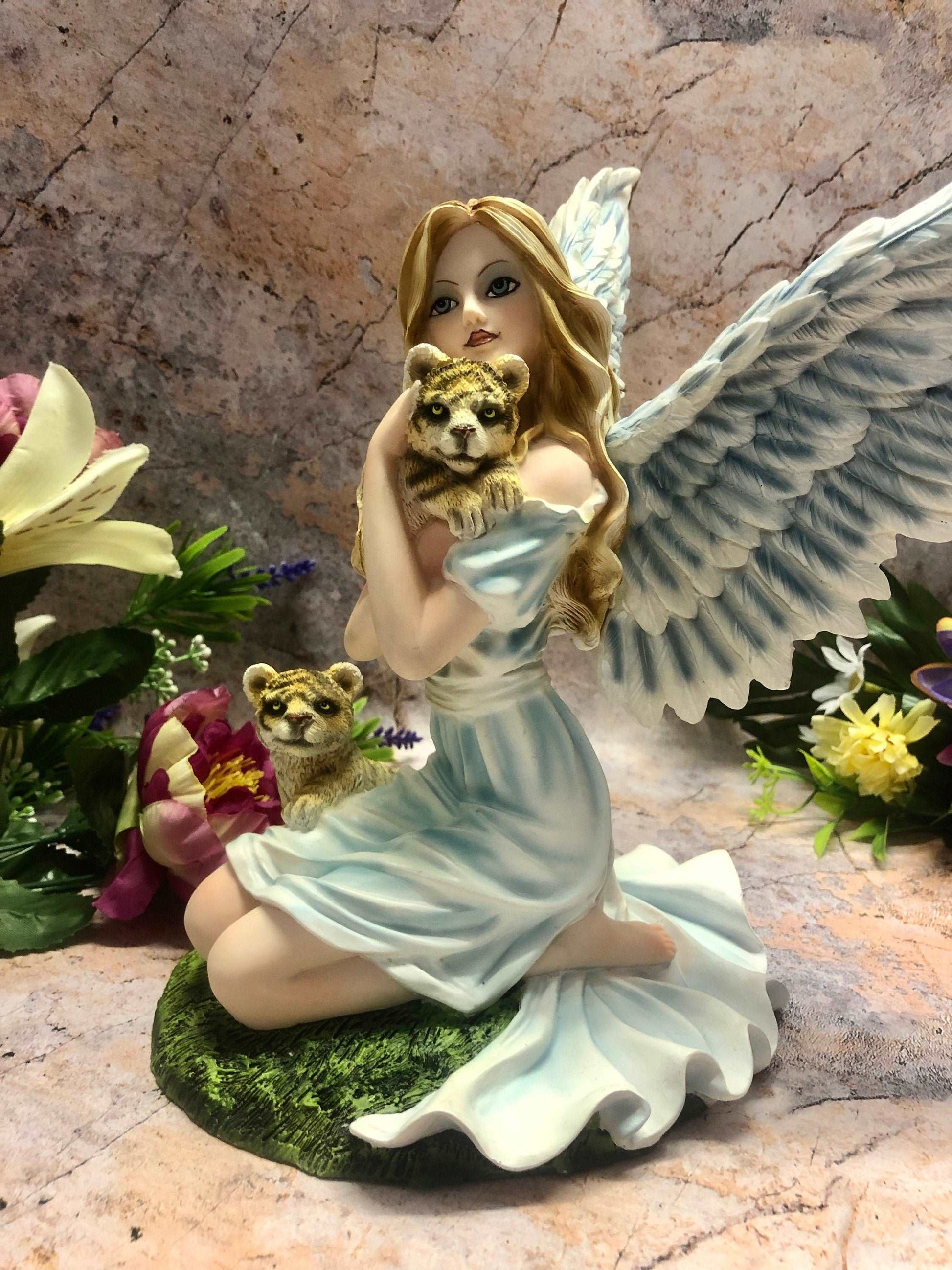 Angel and Tiger Companion Figurine Fantasy Fairies Figure Mythical Sculpture Hand Made from Quality Designer Resin-Osiris Craftworks