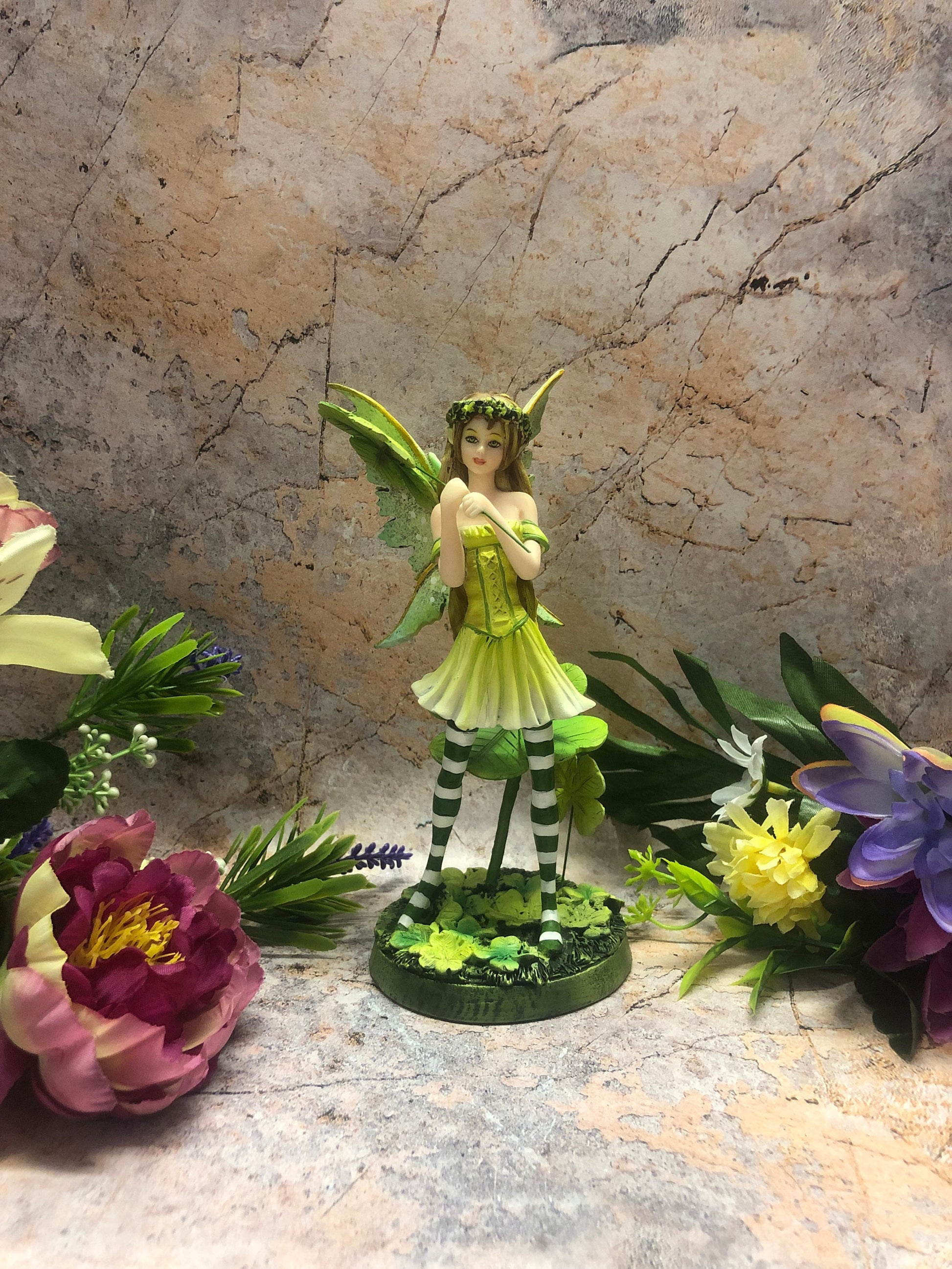 Charming Clover Fairy Figurine, Lucky Charm Striped Elf Statue, Whimsical Decor, St. Patrick's Day Collectible, Fantasy Forest Sprite-Osiris Craftworks