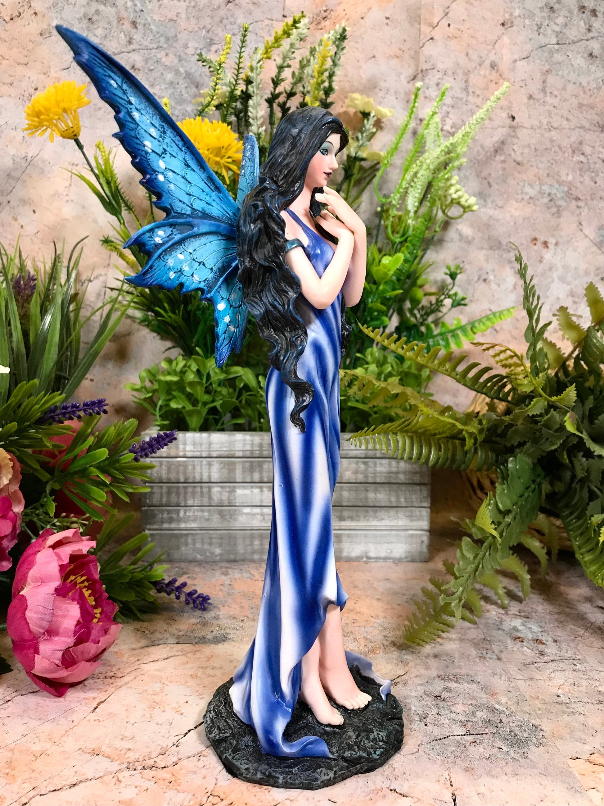 Enchanting Blue Flower Fairy Figurine, Magical Fantasy Statue, Elegant Home Decor, Mystical Garden Faerie, Ornament Perfect for Collectors-Osiris Craftworks