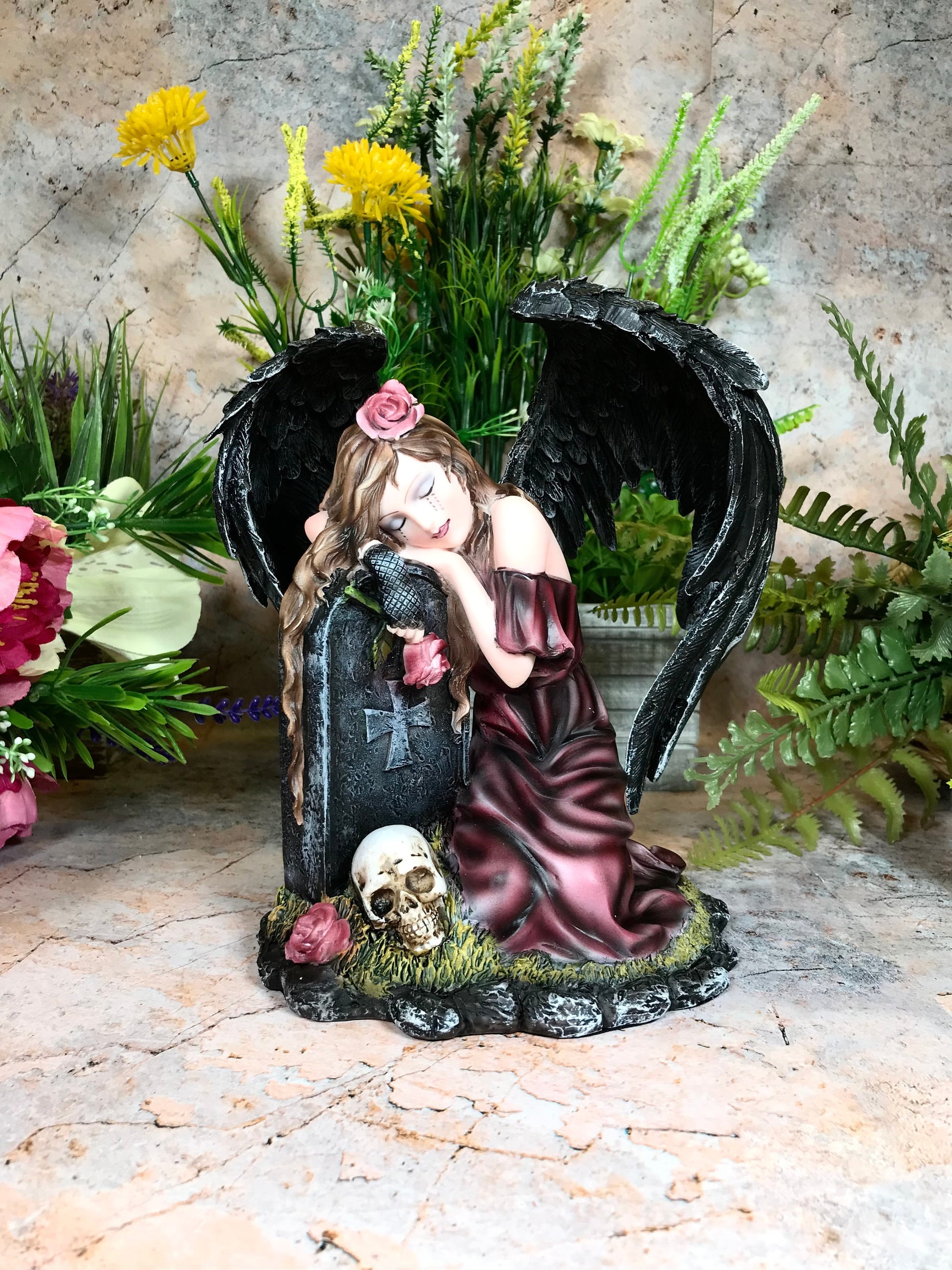 Gothic Angel Resin Statue, Dark Winged Mourning Angel with Roses, Elegantly Memorial Figurine, Poignant Angel Sculpture, Serene Gothic Decor-Osiris Craftworks