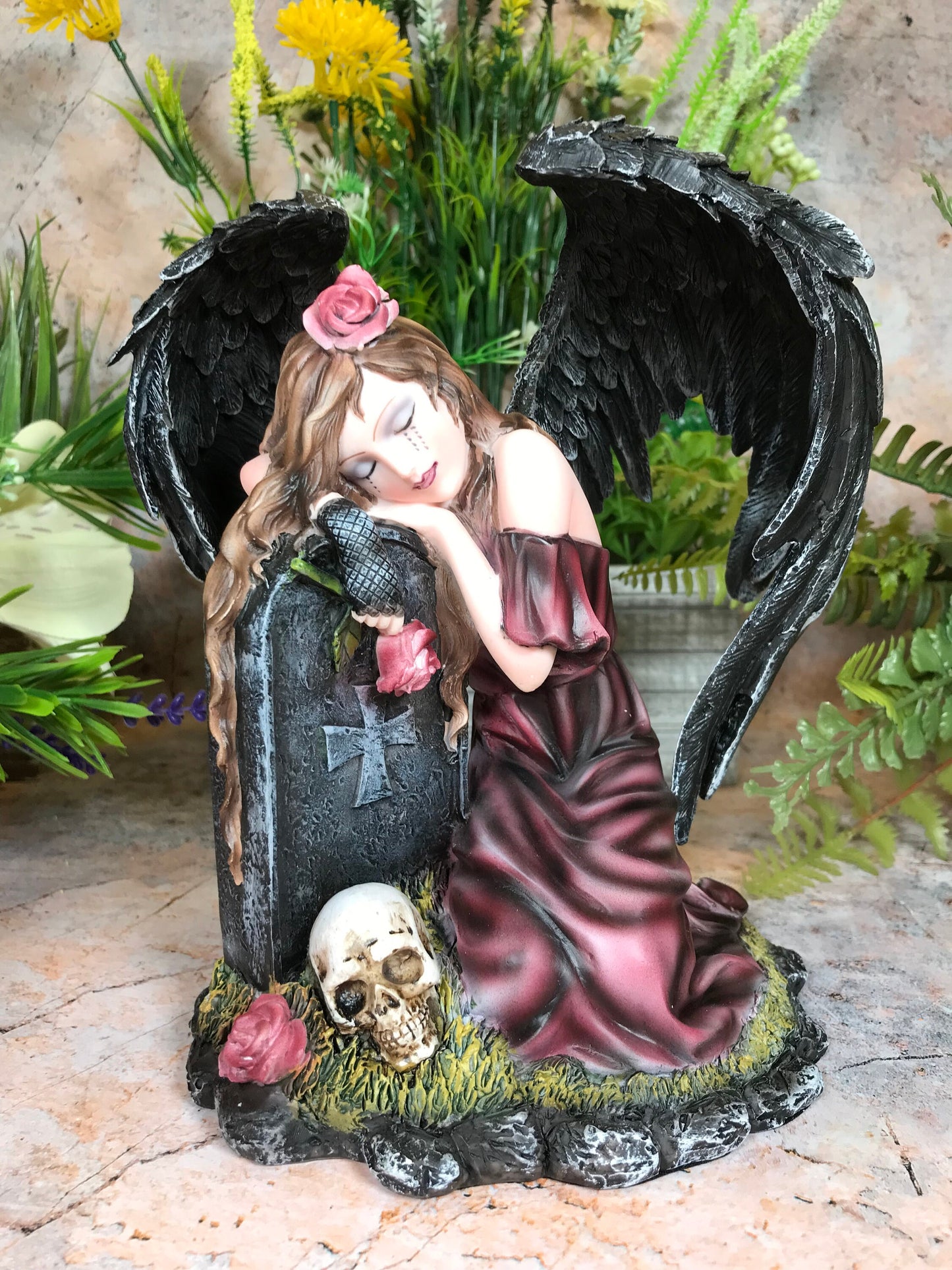 Gothic Angel Resin Statue, Dark Winged Mourning Angel with Roses, Elegantly Memorial Figurine, Poignant Angel Sculpture, Serene Gothic Decor-Osiris Craftworks