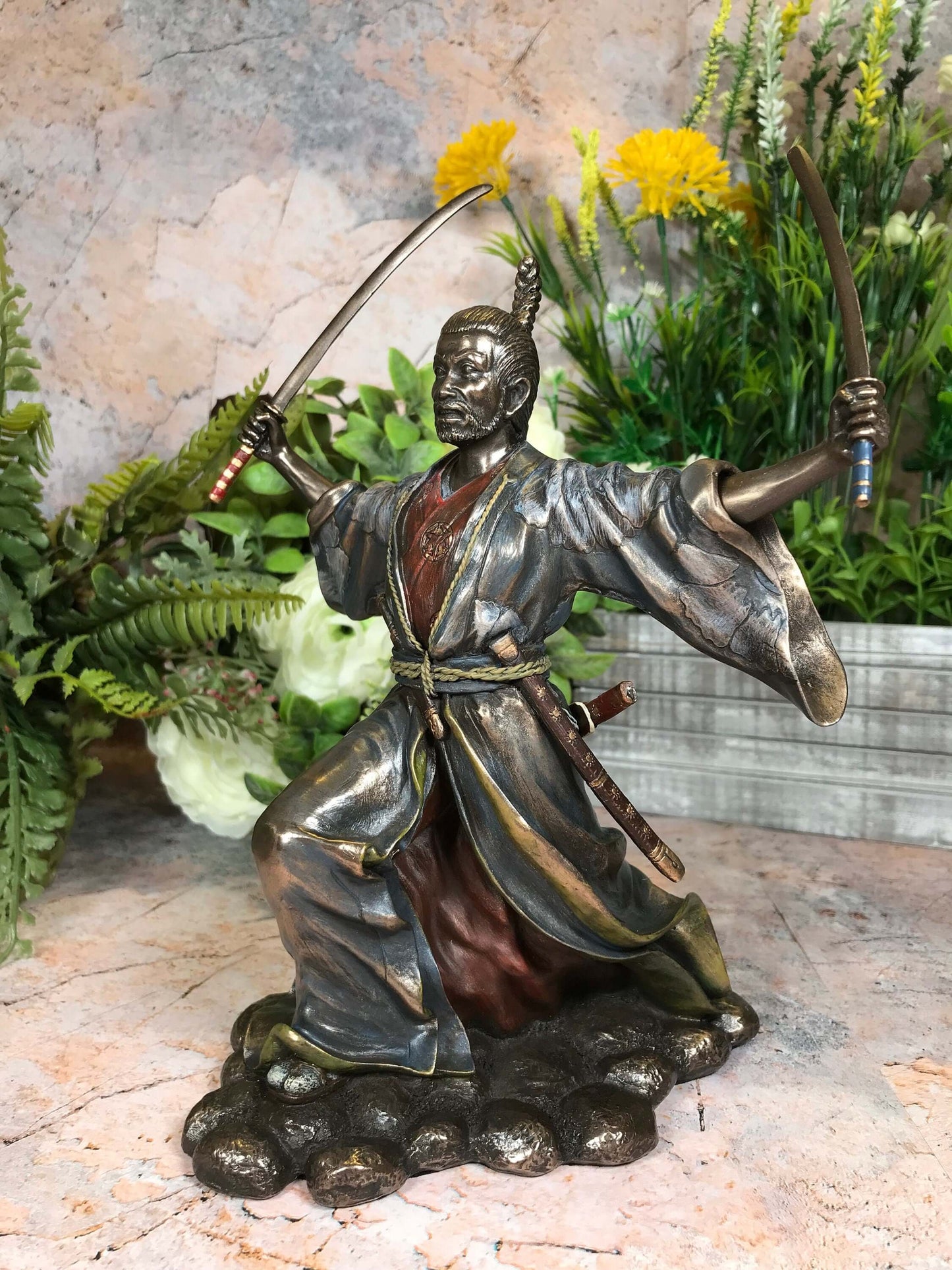 Bronze Effect Samurai Sculpture Japanese Style Fighting Warrior Statue