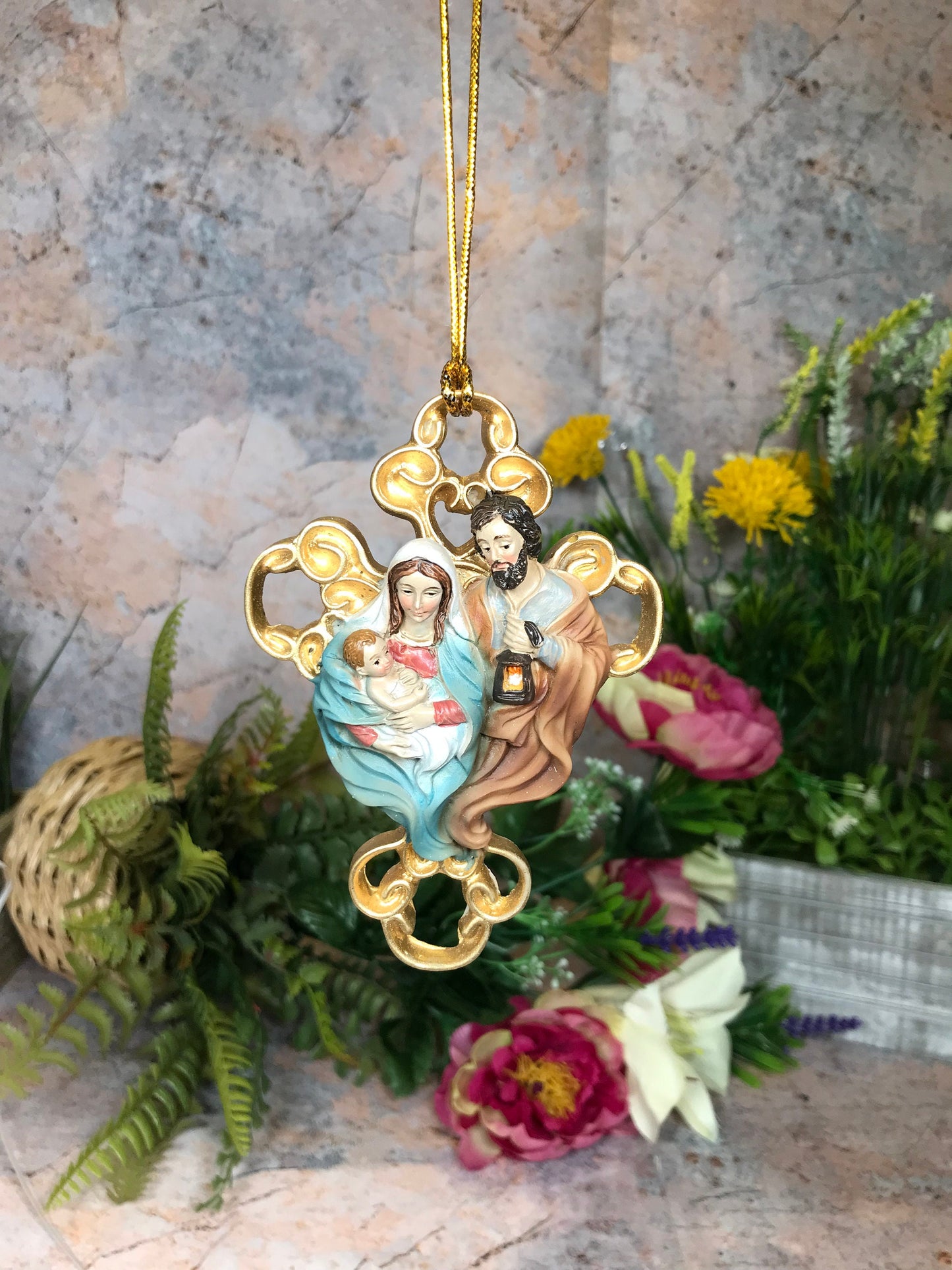 Holy Family Wall Cross Divine Hanging Decor, Mary Joseph Jesus Gold Effect Religious Ornament, Christian Artwork, Spiritual Home Blessing-Osiris Craftworks