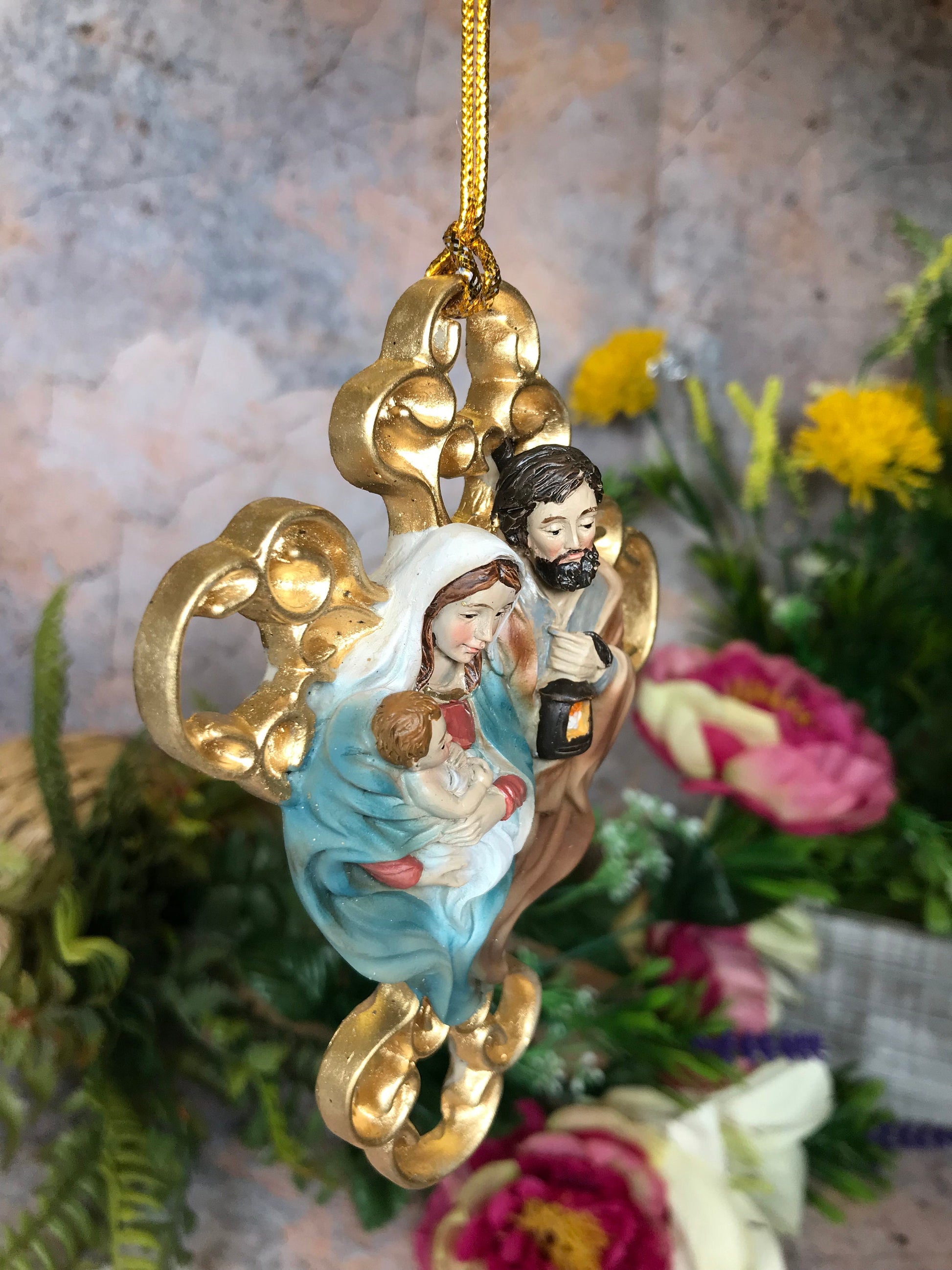 Holy Family Wall Cross Divine Hanging Decor, Mary Joseph Jesus Gold Effect Religious Ornament, Christian Artwork, Spiritual Home Blessing-Osiris Craftworks