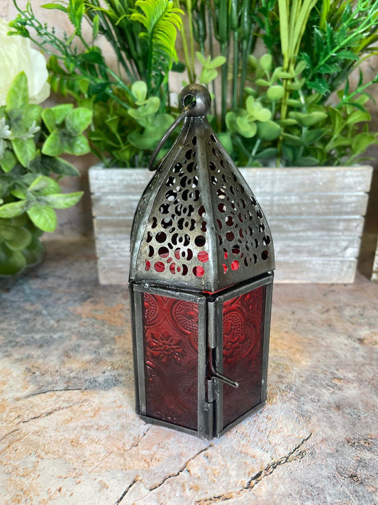 Antique Effect Moroccan Style Zinc Lantern Candle Tealight Holder Red Glass Seasonal Decor Home Lighting Ornament