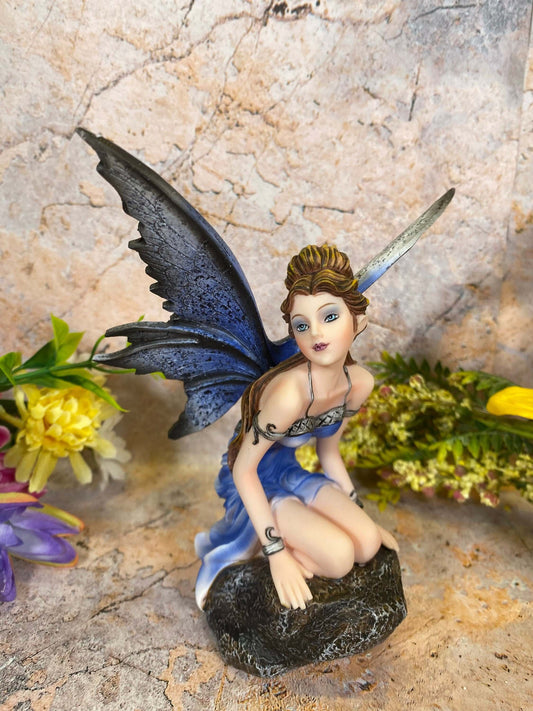 Sapphire Night Fairy Statue, Mystical Fantasy Decor, Enchanting Blue Nymph Figurine, Magical Realm Ornament, Elegant Faerie Sculpture-Osiris Craftworks