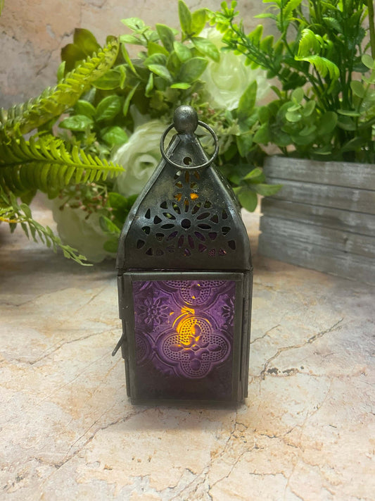 Antique Effect Moroccan Style Zinc Lantern Candle Tealight Holder Purple Glass Seasonal Decor Home Lighting Ornament