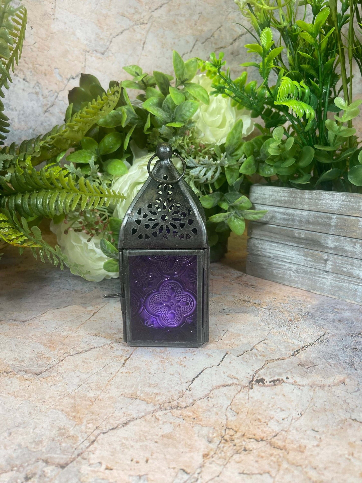 Antique Effect Moroccan Style Zinc Lantern Candle Tealight Holder Purple Glass Seasonal Decor Home Lighting Ornament