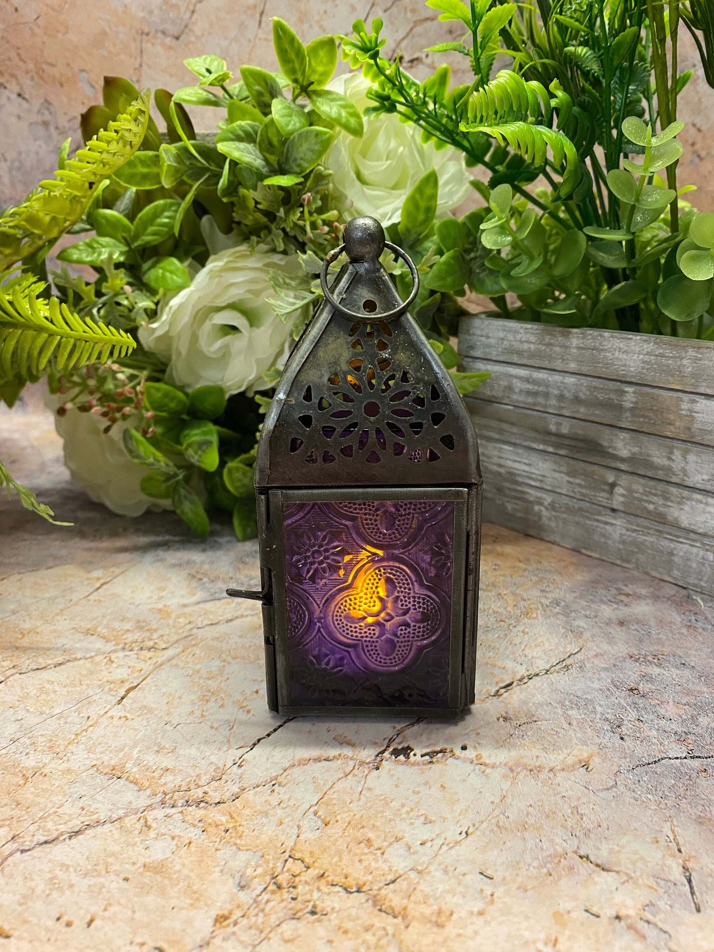 Antique Effect Moroccan Style Zinc Lantern Candle Tealight Holder Purple Glass Seasonal Decor Home Lighting Ornament