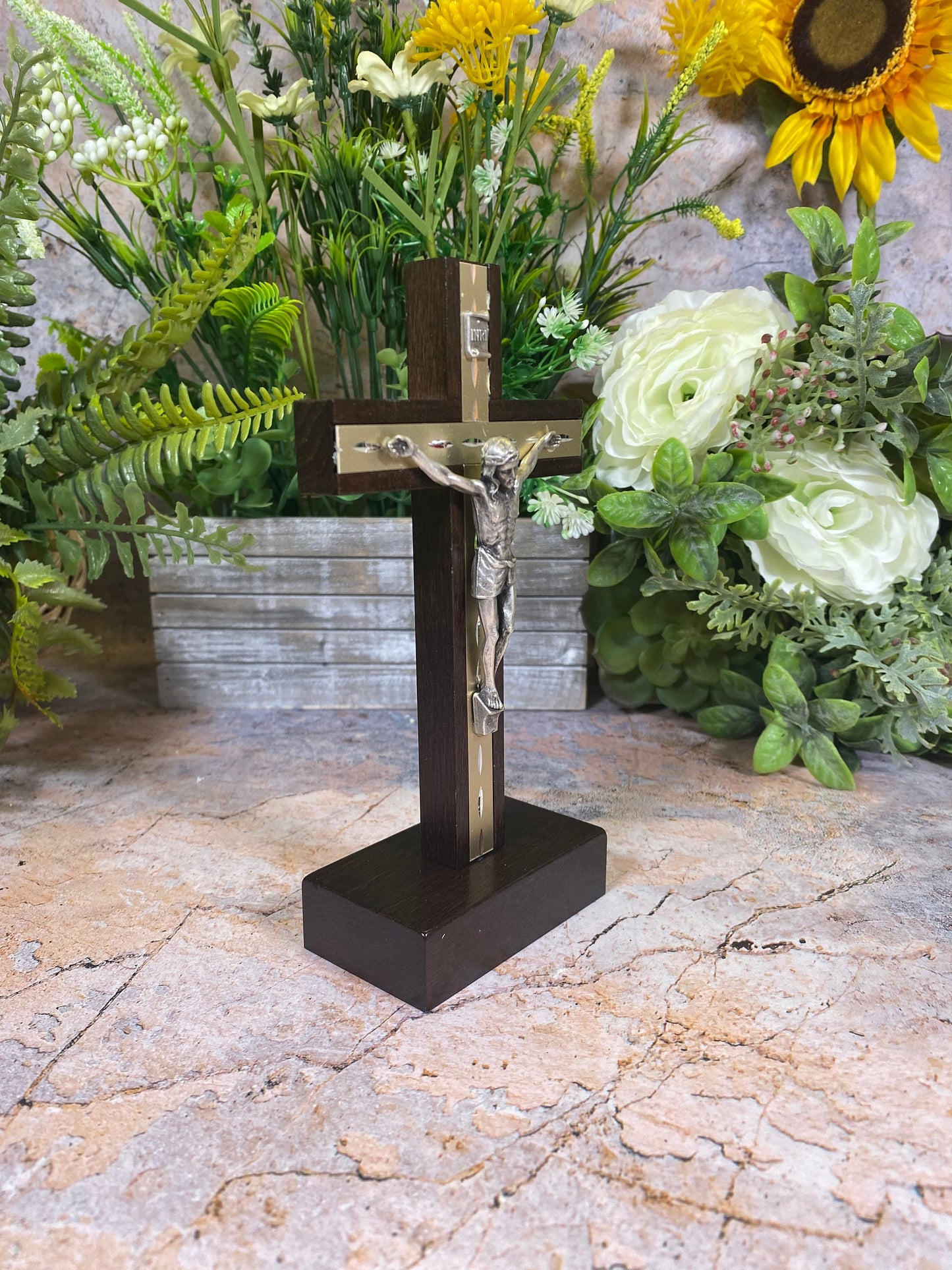 Freestanding Dark Beech Wood Crucifix Cross Religious Wall Decoration Jesus Christ Religious Gift-Osiris Craftworks