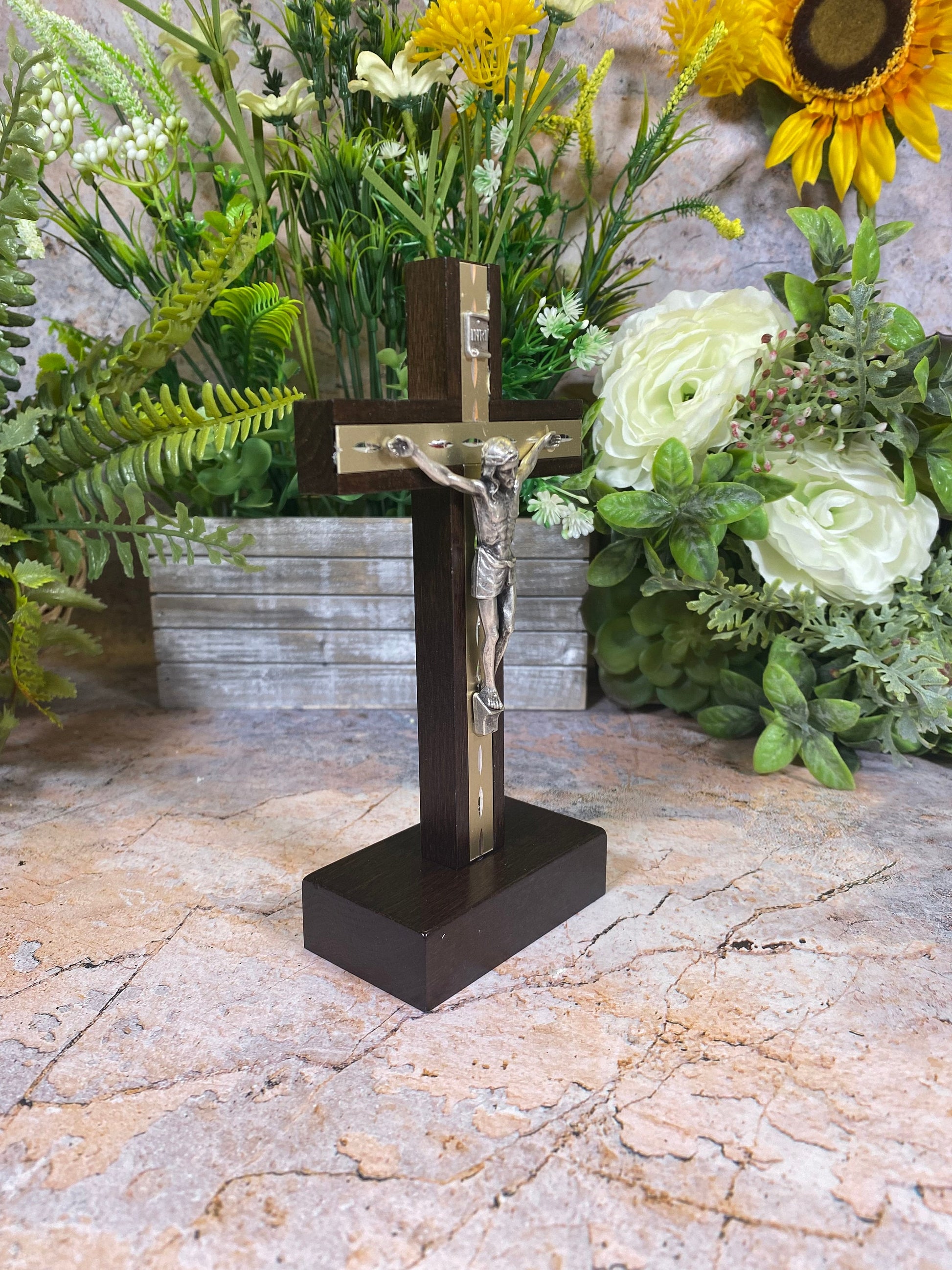 Freestanding Dark Beech Wood Crucifix Cross Religious Wall Decoration Jesus Christ Religious Gift-Osiris Craftworks