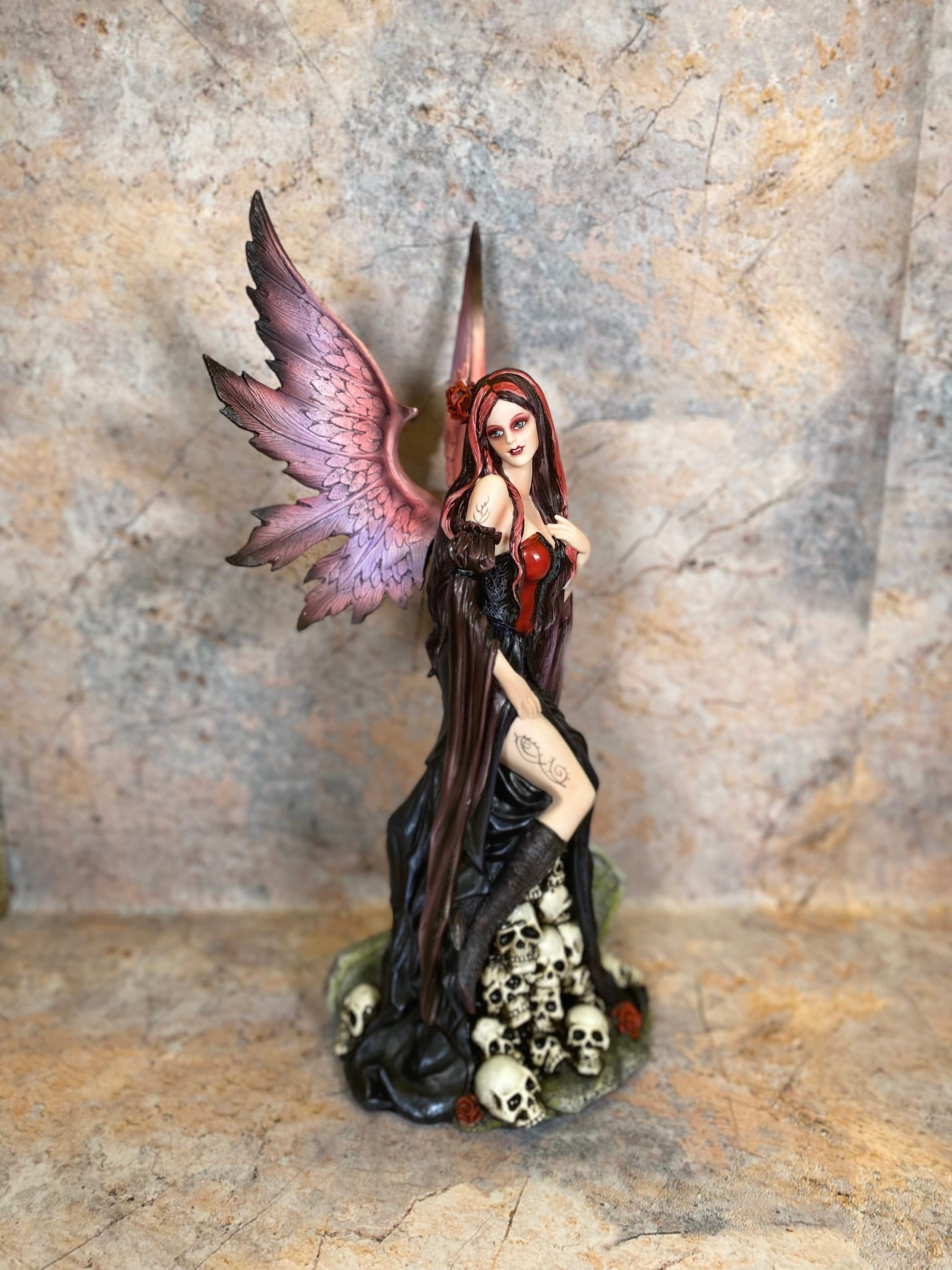 Dark Fallen Angel Succubus Standing on Skulls Statue Gothic Style Figurine Hand Made from Quality Designer Resin-Osiris Craftworks