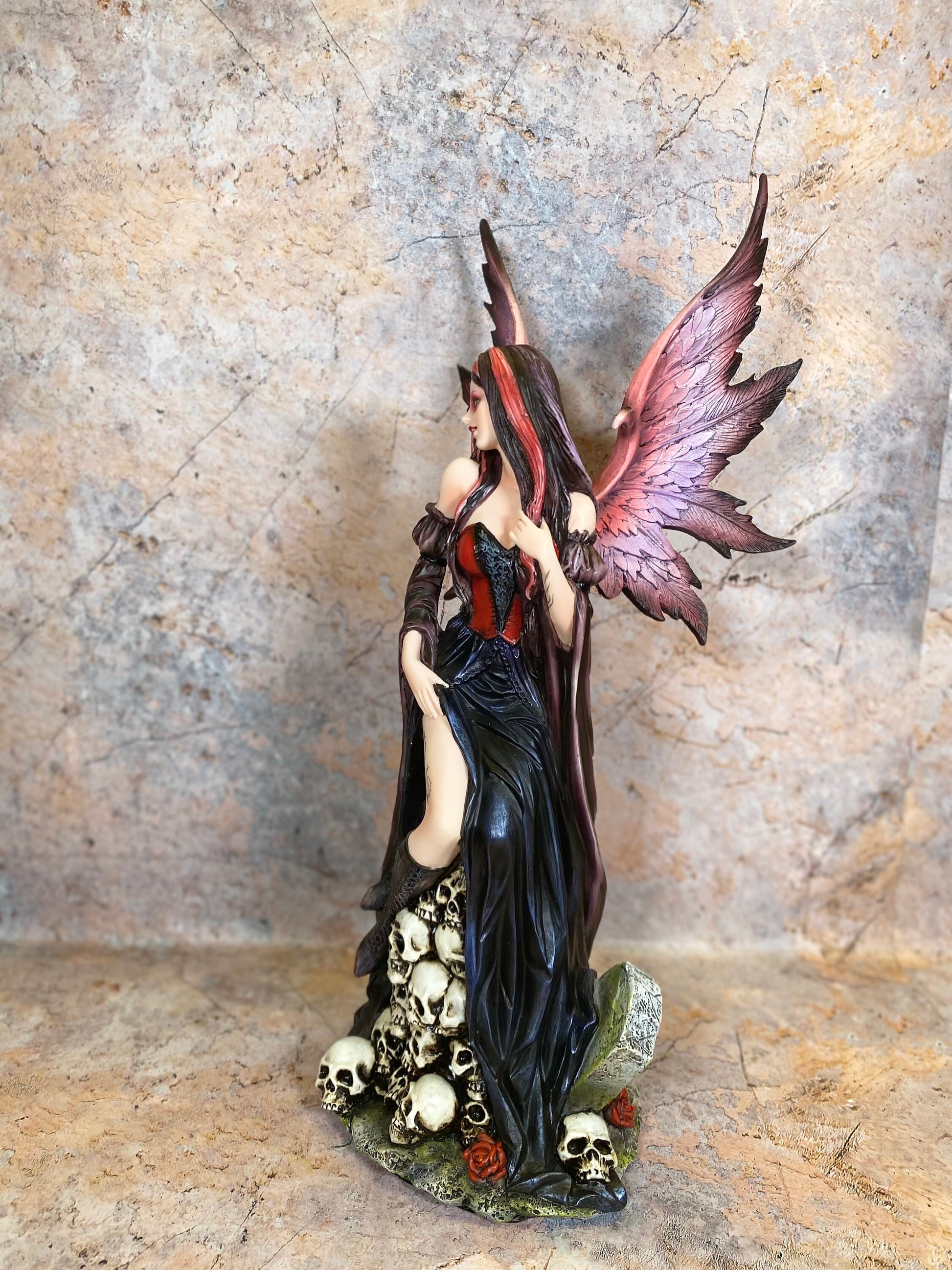 Dark Fallen Angel Succubus Standing on Skulls Statue Gothic Style Figurine Hand Made from Quality Designer Resin-Osiris Craftworks