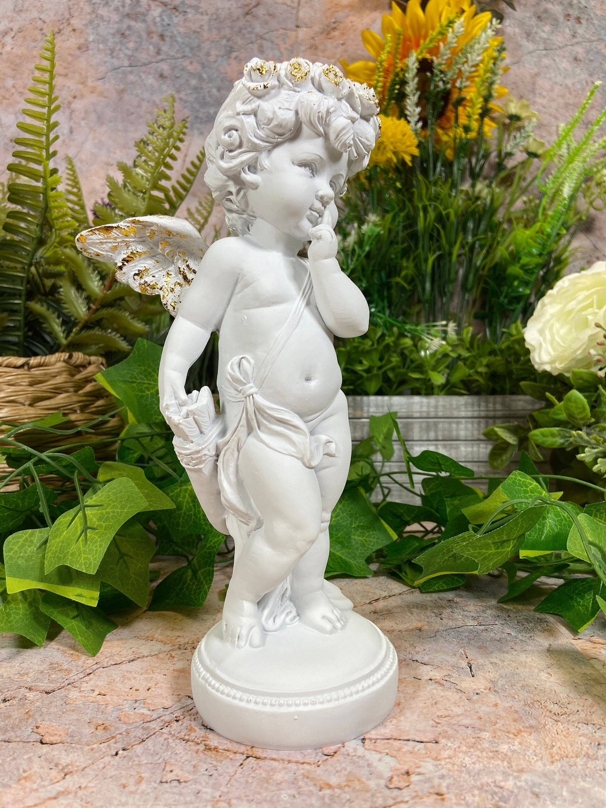 Exquisite Cherub Sculpture with Gold Headdress and Resin Wings Angel Statue-Osiris Craftworks