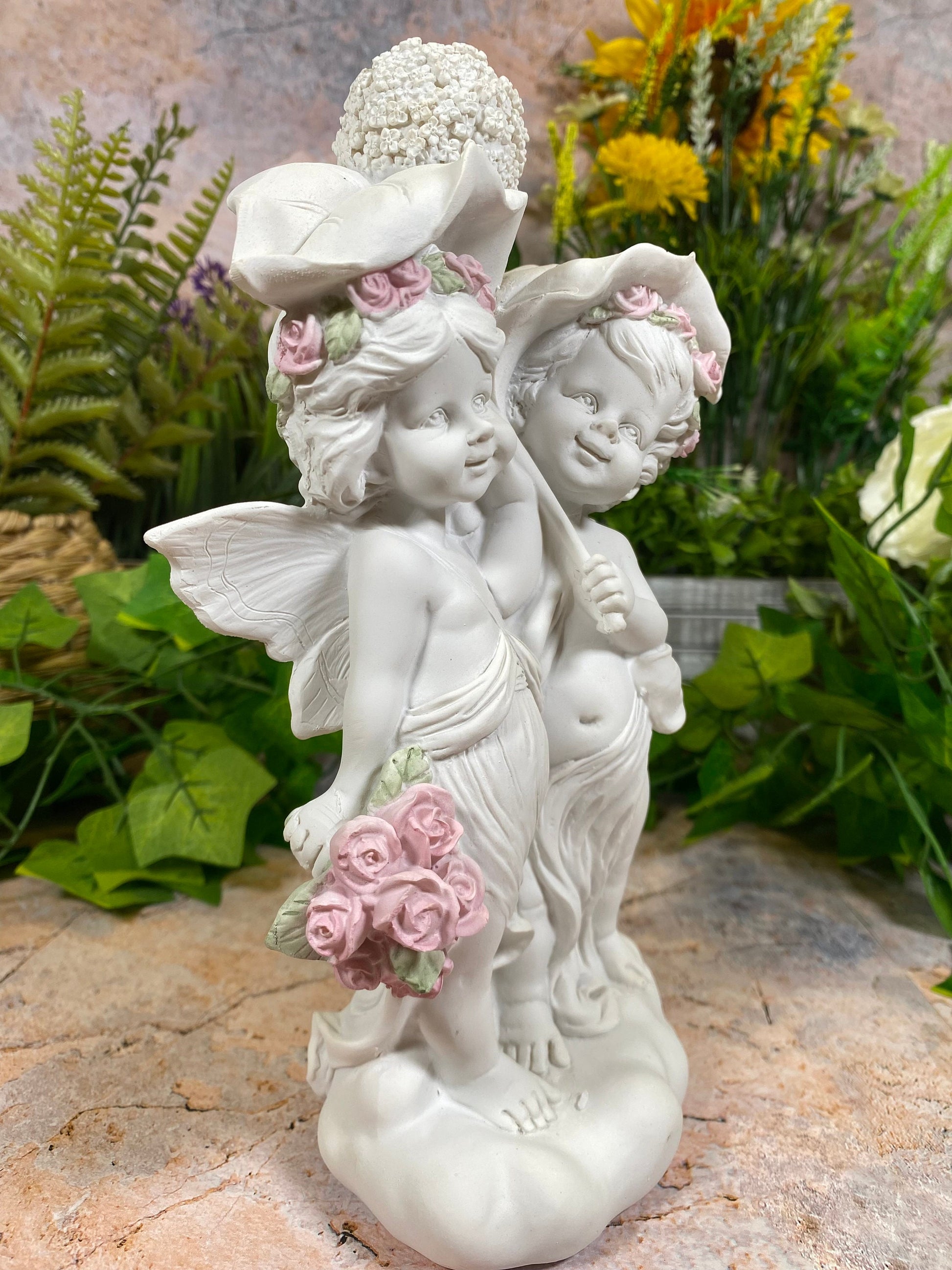 Guardian Angel Figurine Cherub Holding Leaves With Flowers Ornament Sculpture 24 cm-Osiris Craftworks