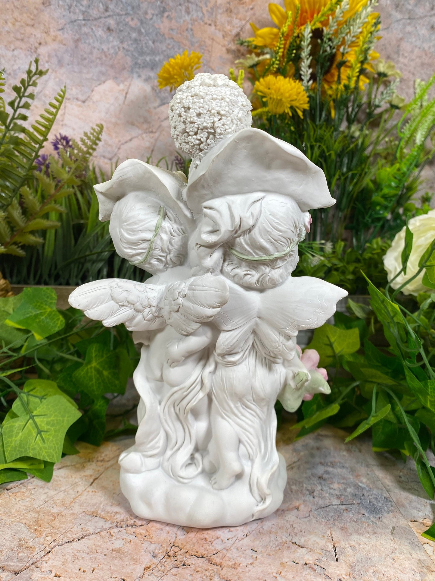 Guardian Angel Figurine Cherub Holding Leaves With Flowers Ornament Sculpture 24 cm-Osiris Craftworks