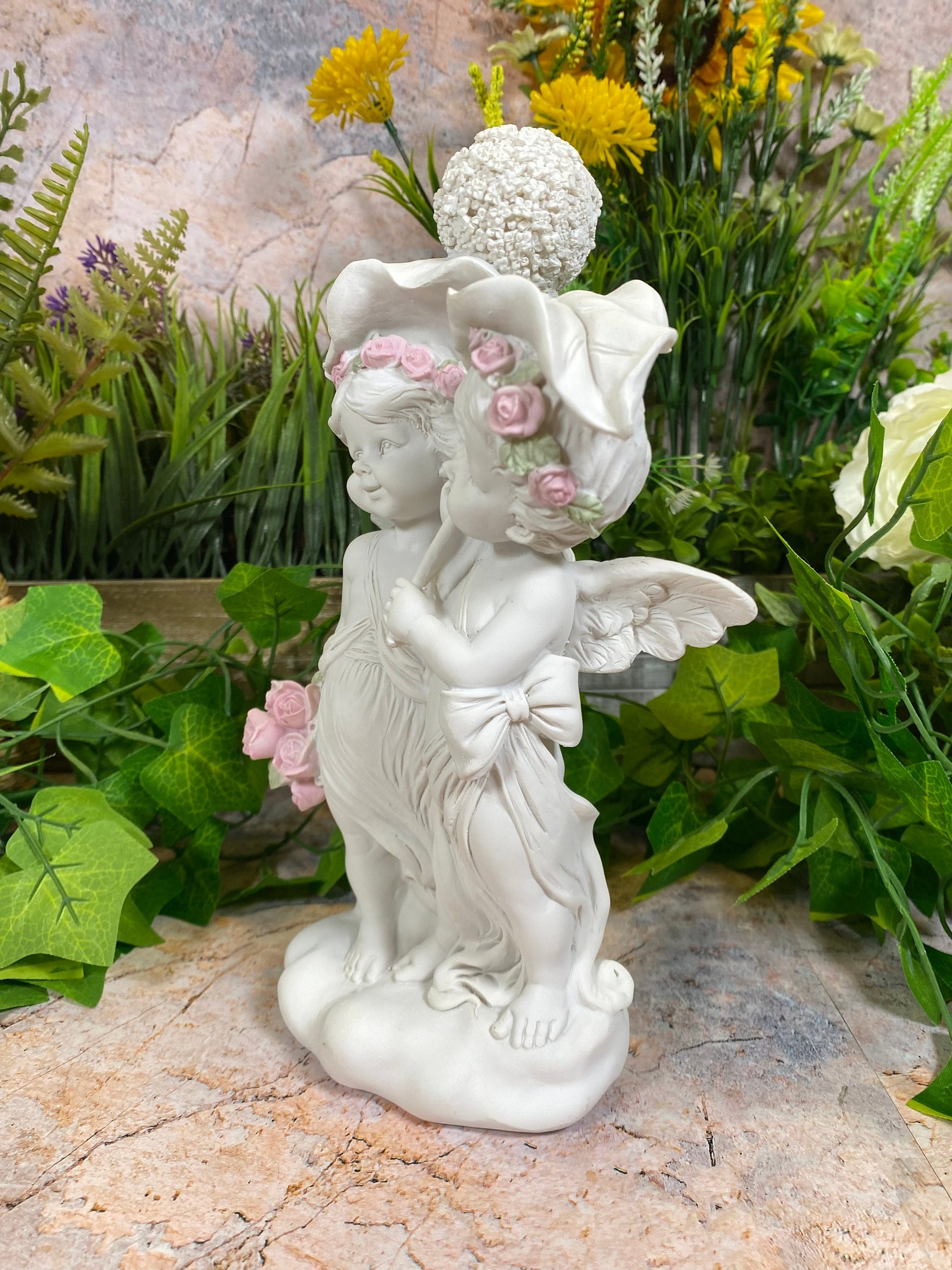 Guardian Angel Figurine Cherub Holding Leaves With Flowers Ornament Sculpture 24 cm-Osiris Craftworks