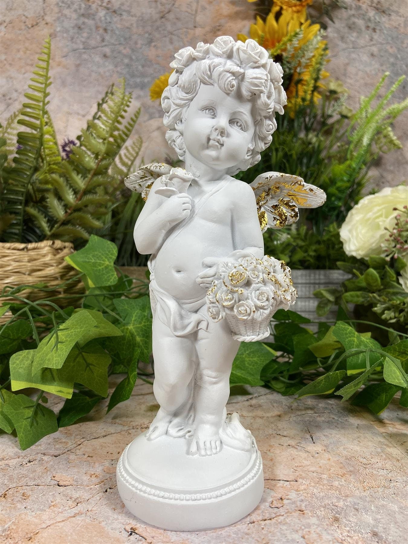 Elegant Cherub with Golden Rose Basket Statue, Artisanal Cherub Sculpture, Heavenly Floral Decor, Angelic Figurine, Unique Handcrafted Gift-Osiris Craftworks