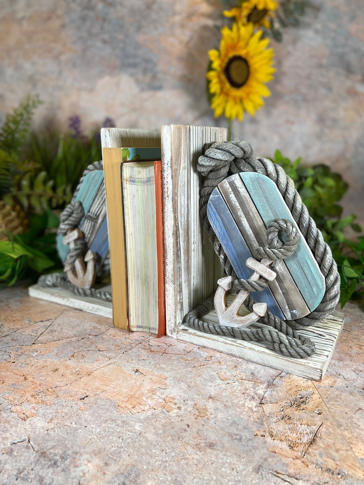 Rustic Nautical Charm Reclaimed Wood Anchor and Rope Book Ends