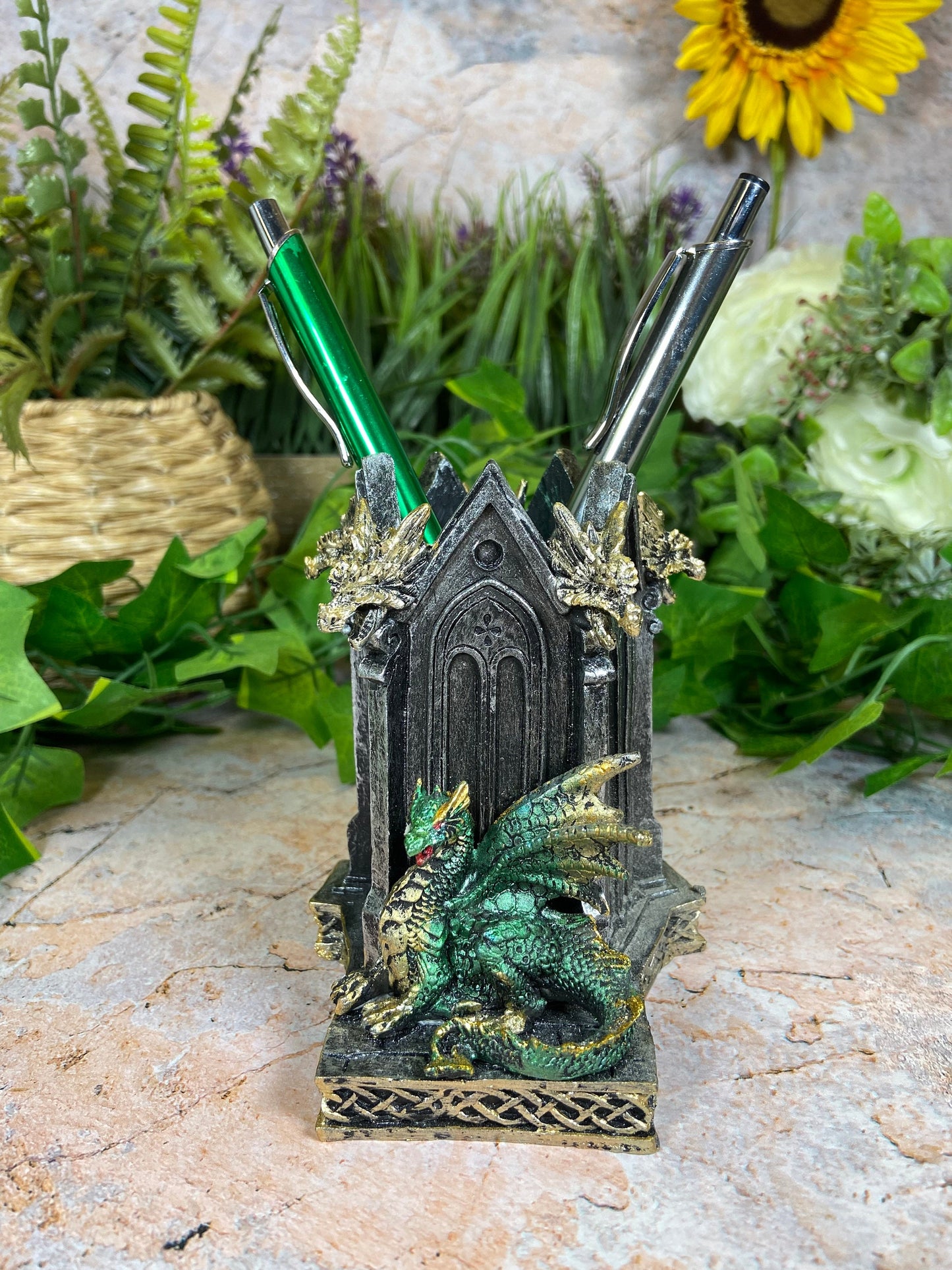 Fabulous Green Dragon Pen Pot Handcrafted Resin 11 cm Tall Fantasy Office Decor