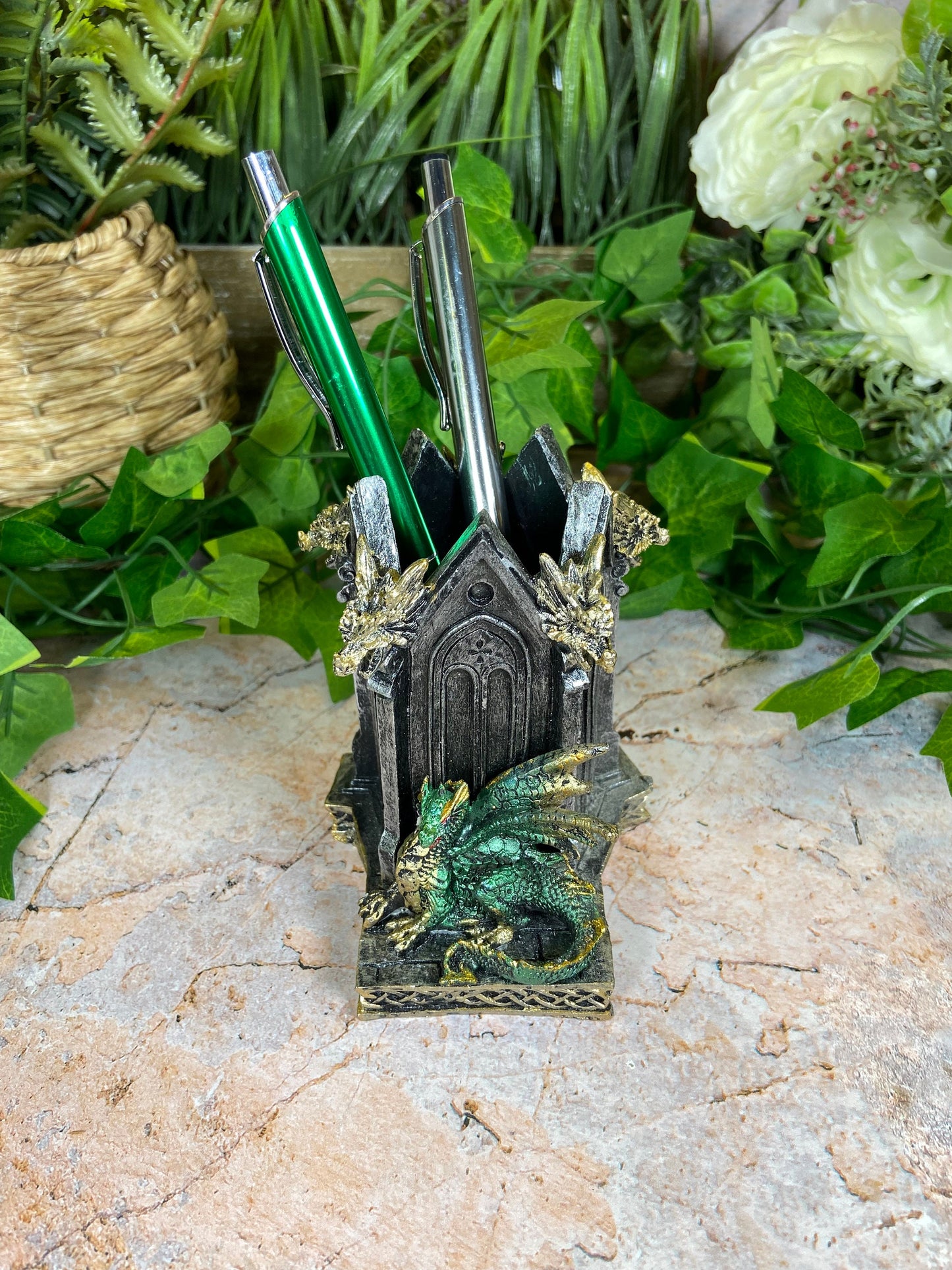 Fabulous Green Dragon Pen Pot Handcrafted Resin 11 cm Tall Fantasy Office Decor