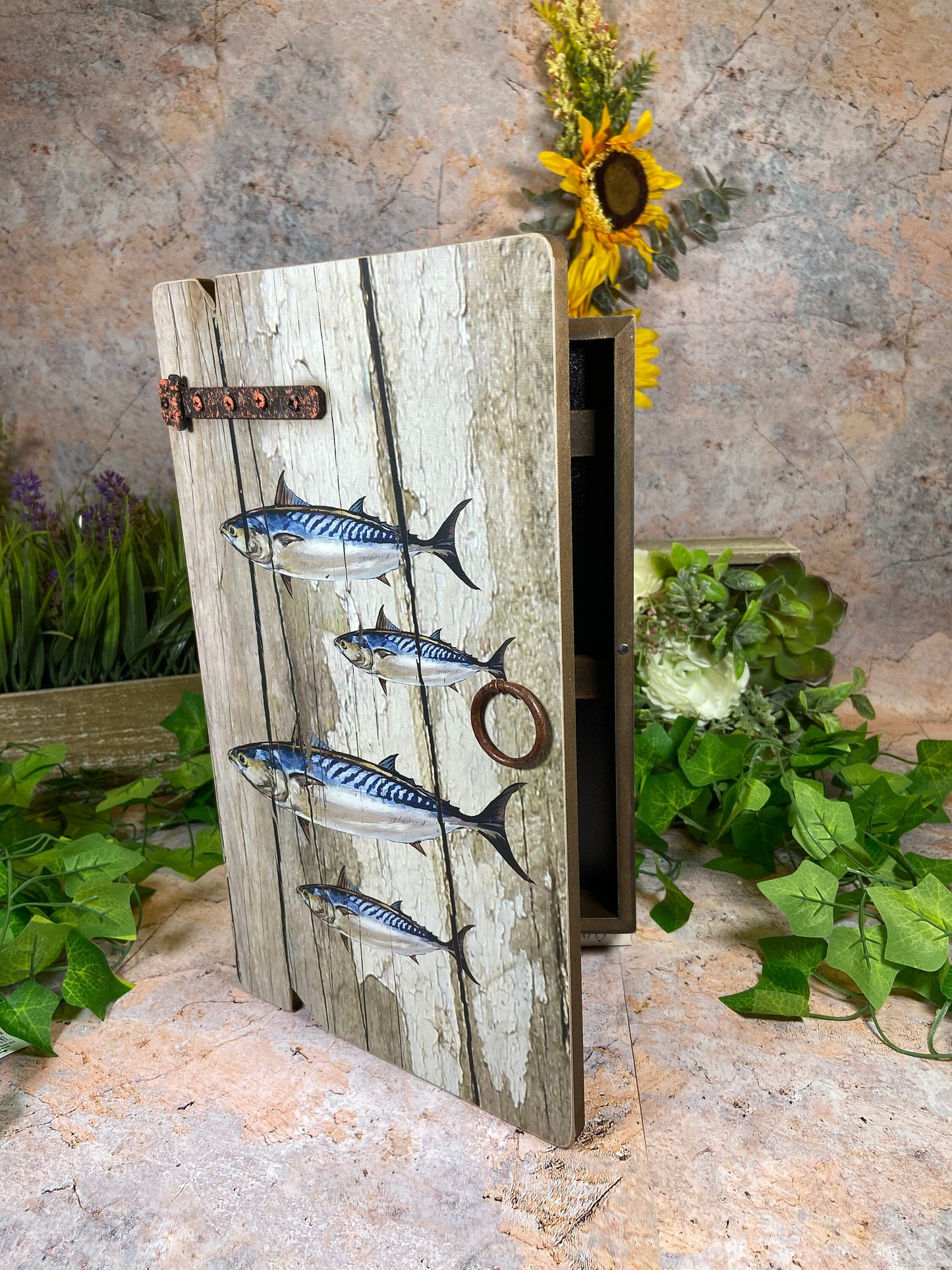 Rustic Vintage Style Mackerel Key Box Handmade from Reclaimed Wood & Metal Ideal Gift for a Fisherman Home Upcycled Drift Wood Eco Friendly