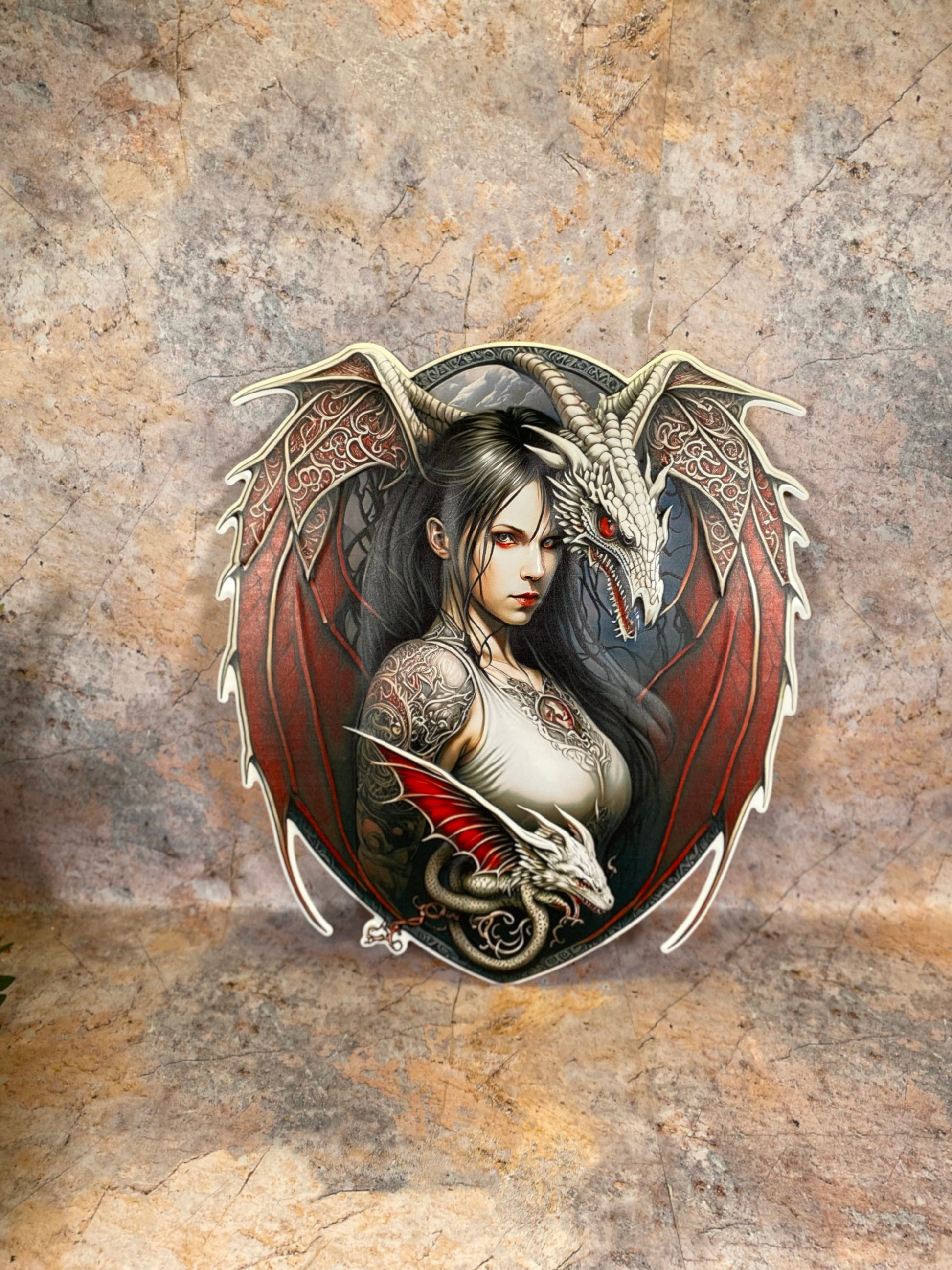 Queen of The Dragons Maiden and Her Dragon Companion Handcrafted Metal Plaque Man Cave Decoration Summer House Decor Garage Shed-Osiris Craftworks